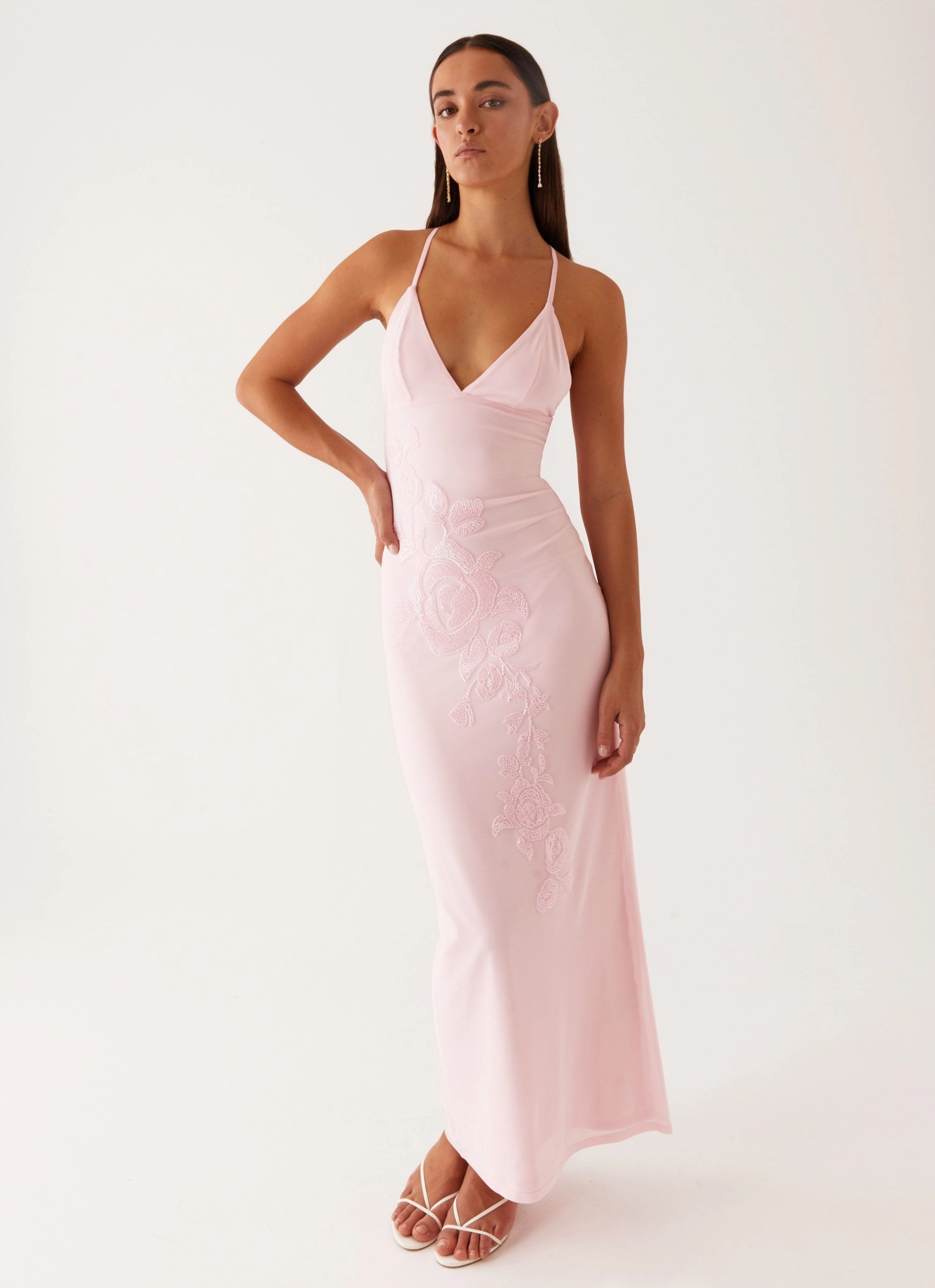 Beki Beaded Mesh Maxi Dress - Pink Minimal Core Global Style