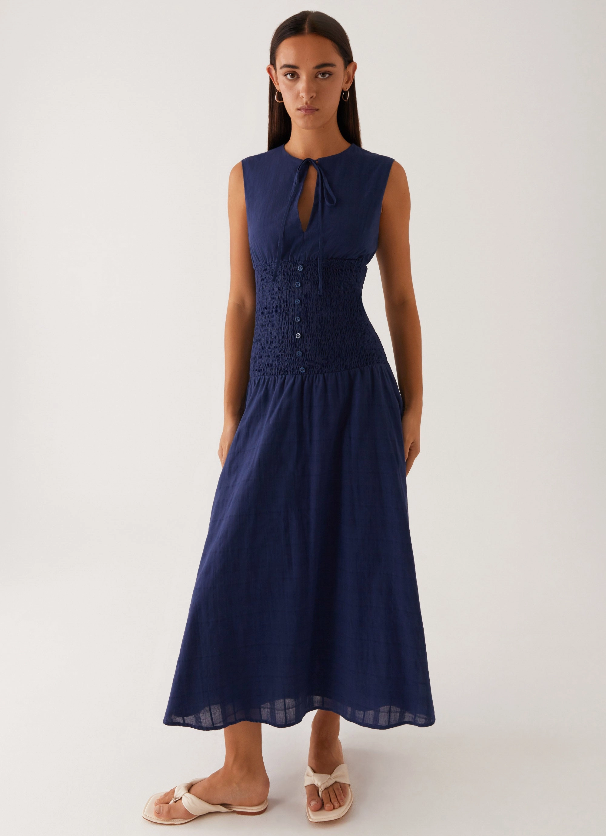 Belle Shirred Waist Midi Dress - Navy Cool Draping