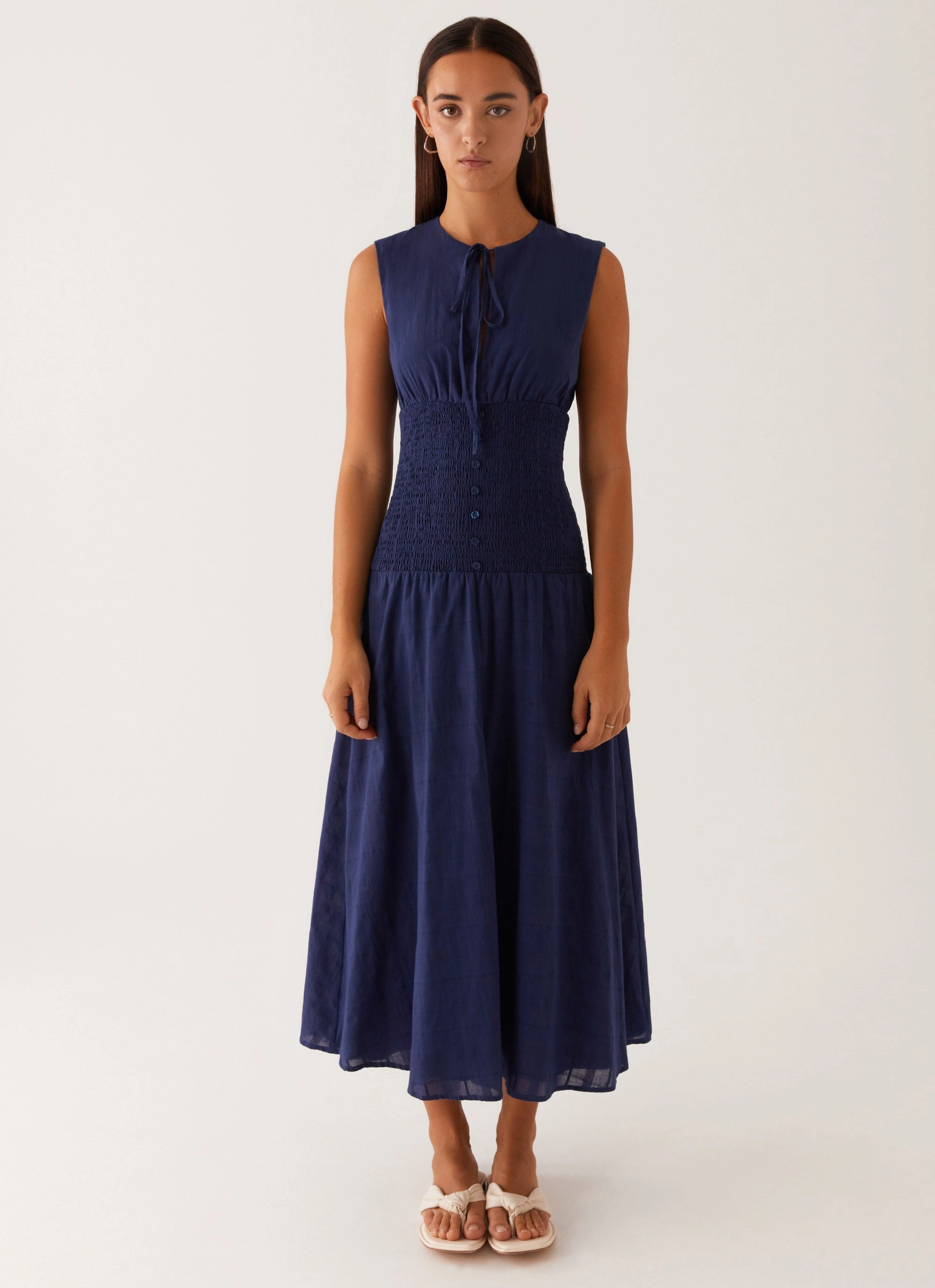 Belle Shirred Waist Midi Dress - Navy Special-Occasion Cozy Drape