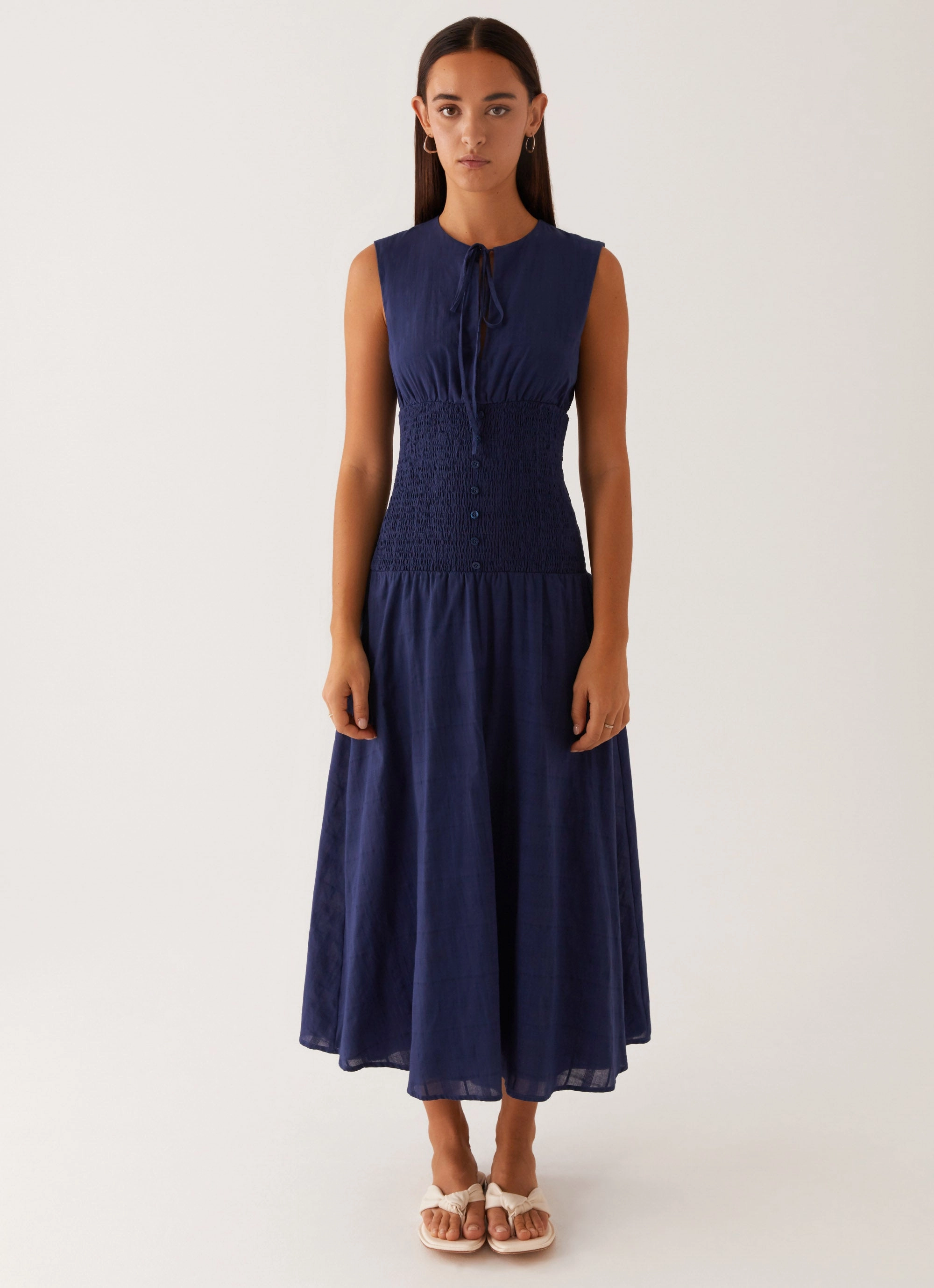 Layerable Piece Style Upgrade Belle Shirred Waist Midi Dress - Navy