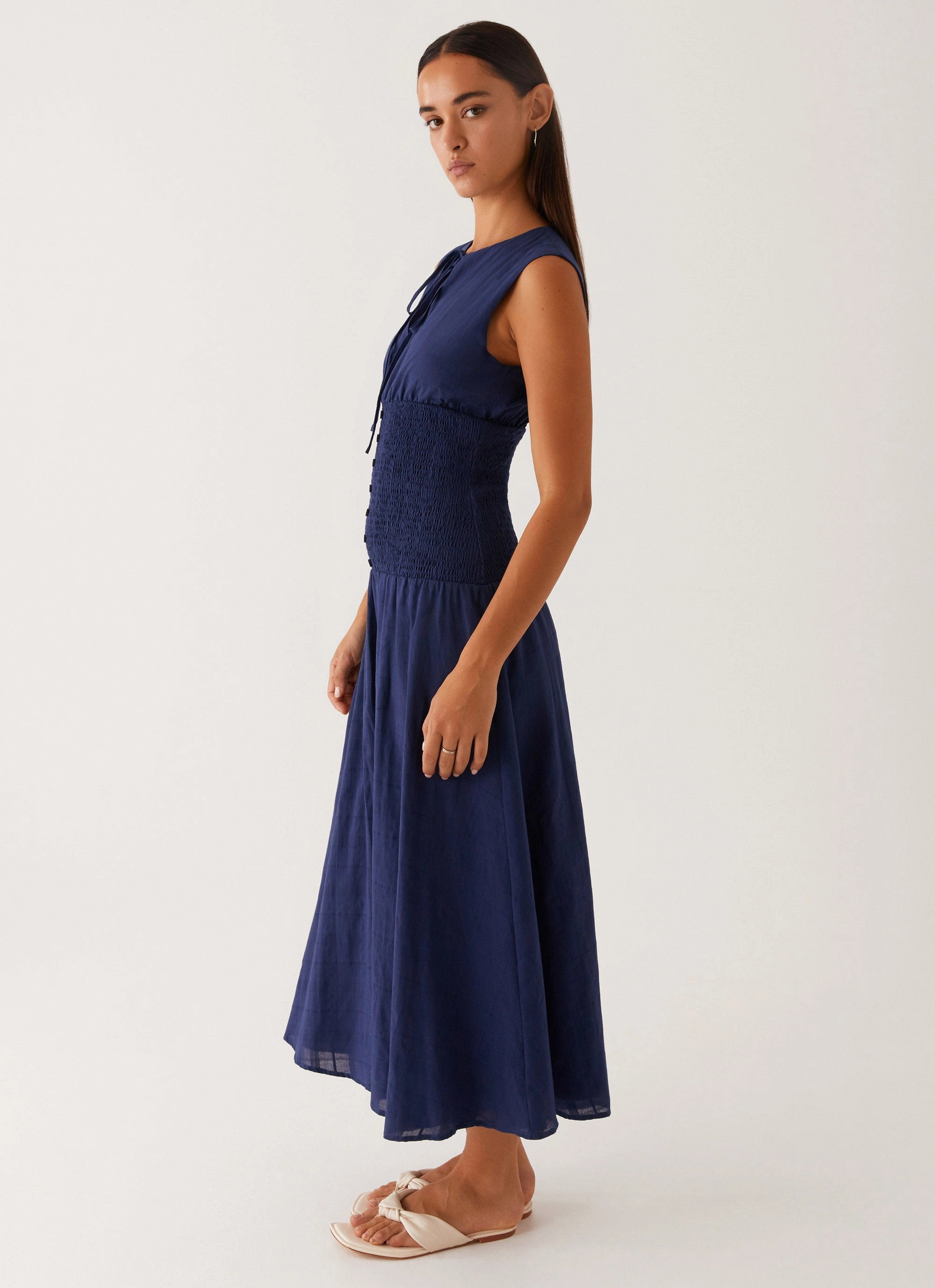 Belle Shirred Waist Midi Dress - Navy Color Soft