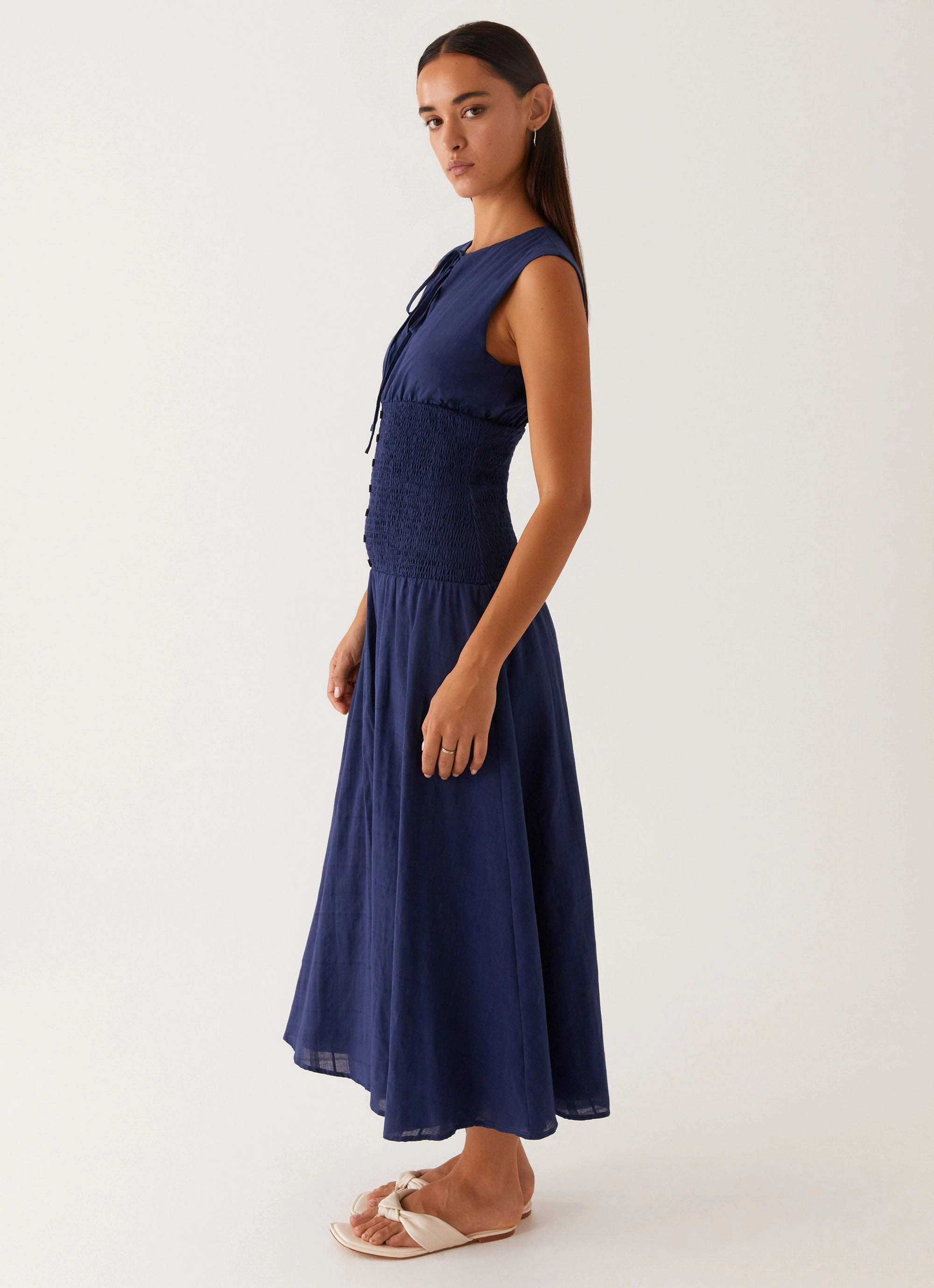 Belle Shirred Waist Midi Dress - Navy Neutral Aesthetic