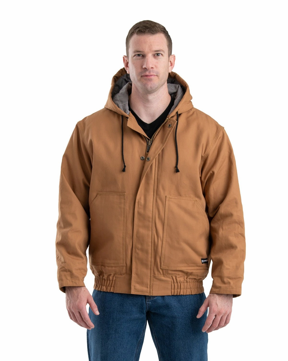 Ultra Flexible Lightweight Design Berne Apparel Mens Flame Resistant Hooded Brown Duck Cotton Blend Chore Jacket