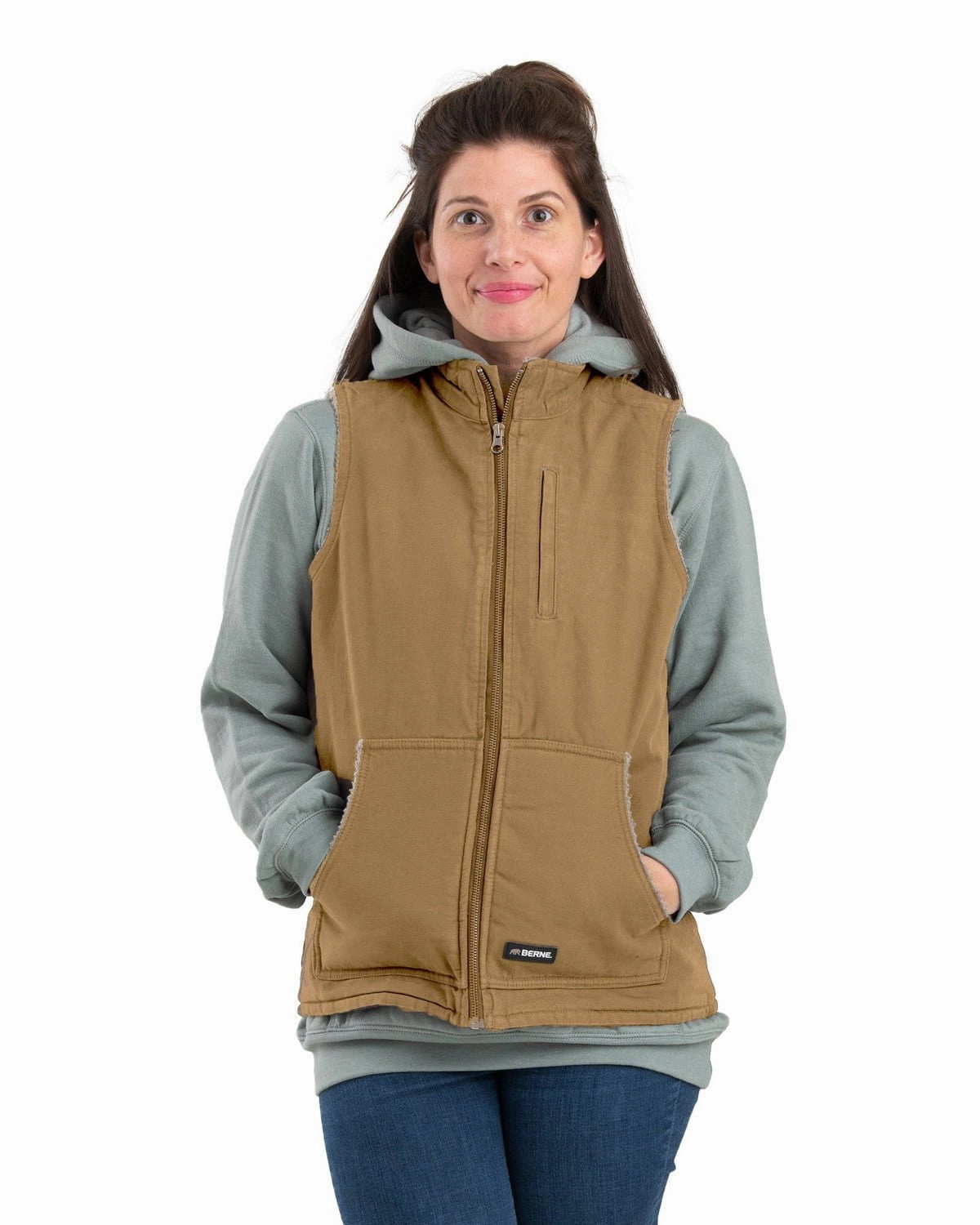 Berne Apparel Womens Sherpa-Lined Softstone Duck Brown Duck 100% Cotton Vest Versatile Layering