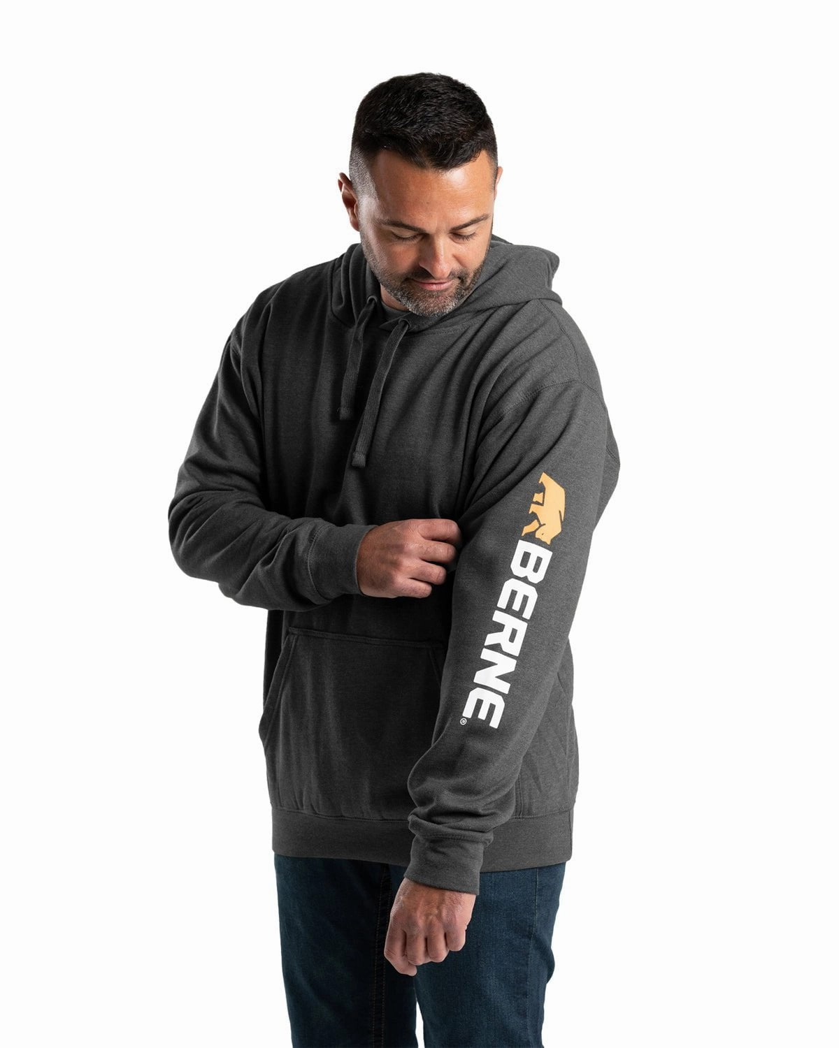Weatherproof Zippers Berne Mens Graphite Cotton Blend Pullover Hooded Sweatshirt