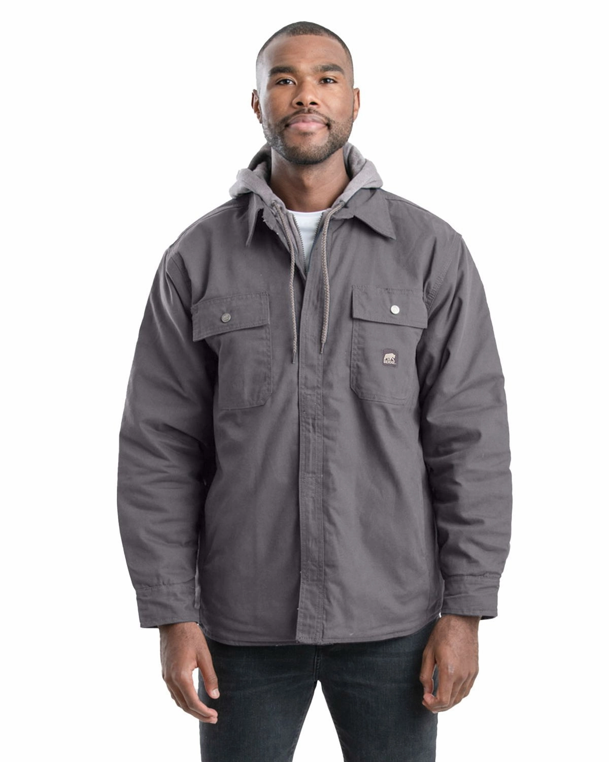 CompressionResistant High Collar Design Berne Mens Heartland Duck Hooded Shirt Grey 100% Cotton Jacket
