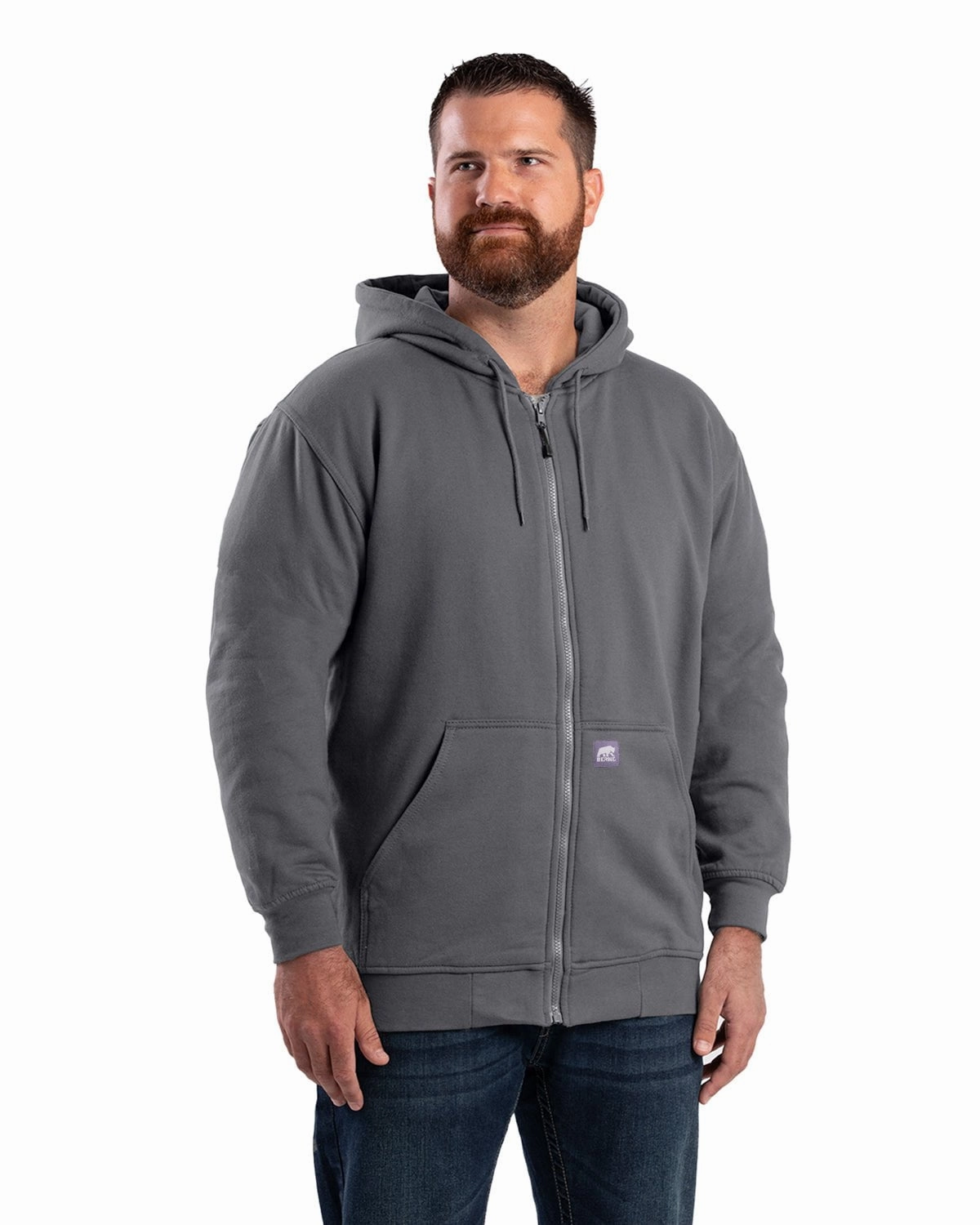 Berne Mens Heritage Thermal-Lined Full-Zip Graphite Cotton Blend Hoodie Long Sleeve Adjustable Hemline