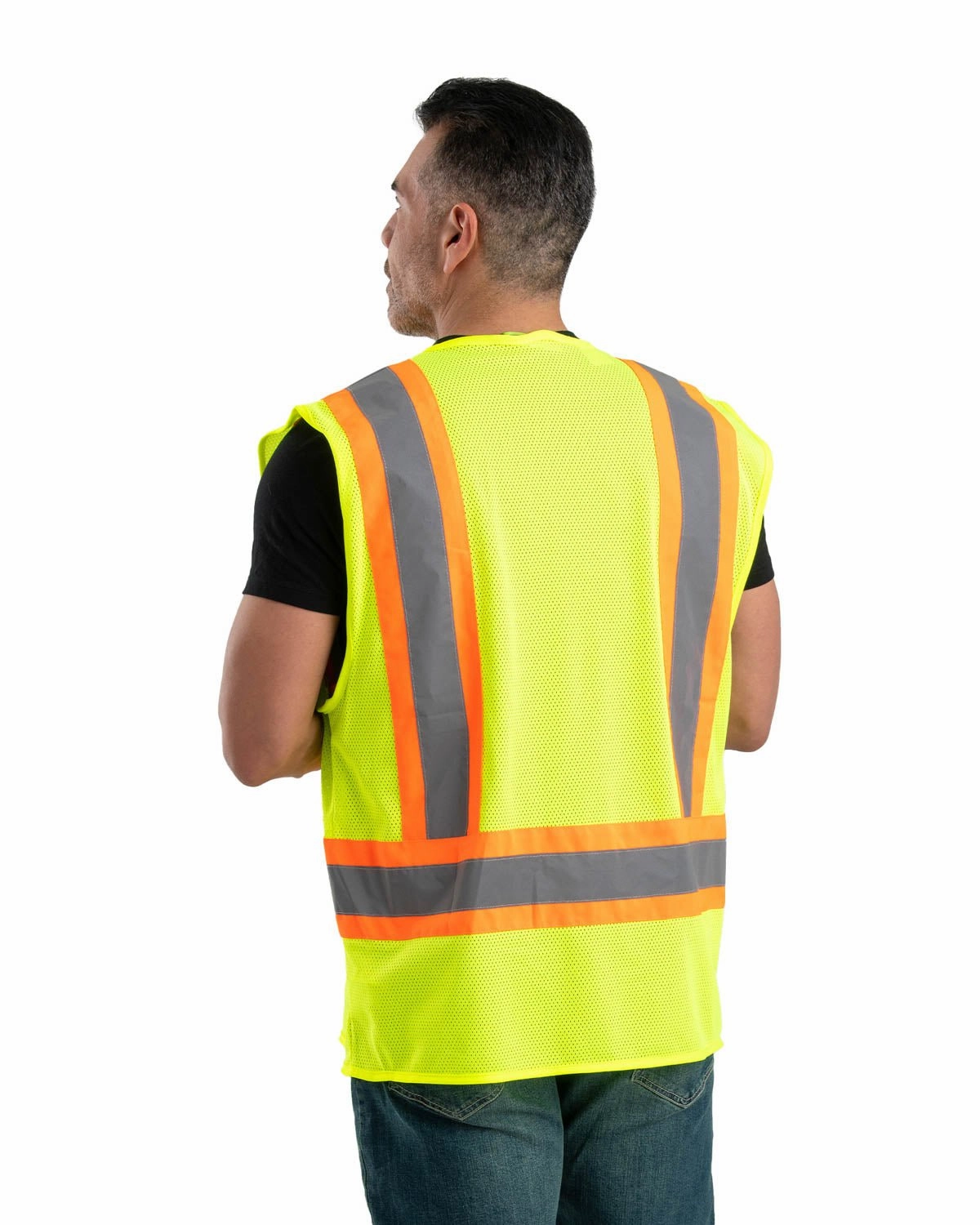 Berne Mens Hi Vis Class 2 Multi-Color Mesh Yellow 100% Polyester Vest Reinforced Seam Construction Rubberized Trims