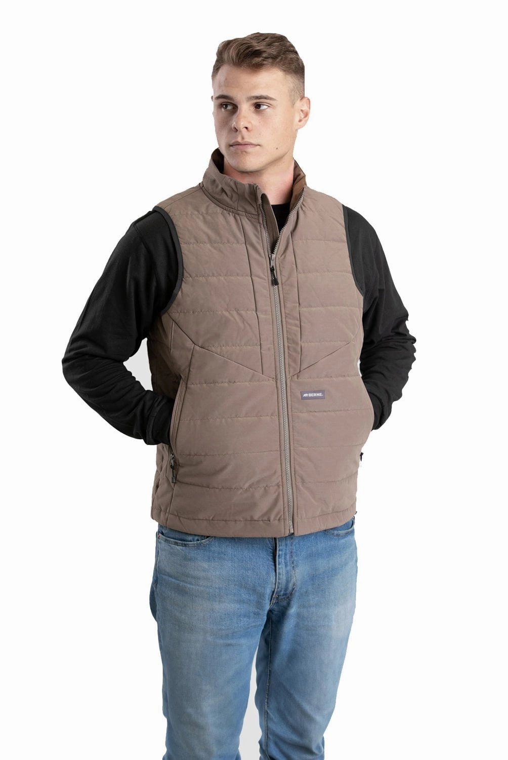 Formal Use Light Reflective Zippers Berne Mens Highland Quilted Work Grey Stone Cotton Blend Vest