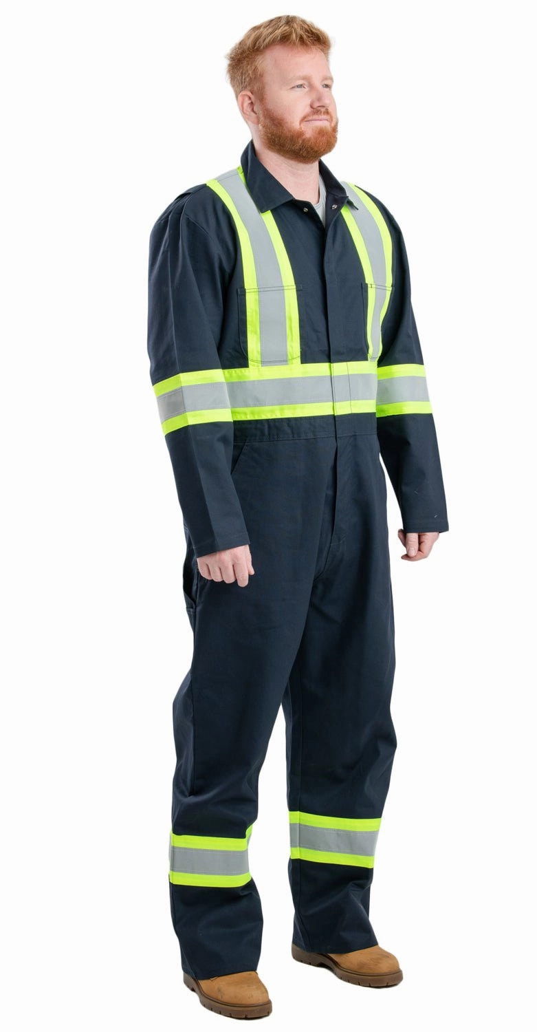 Berne Mens Navy Cotton Blend Safety Striped Unlined Coverall Weatherproof Seams Non Irritating Lining
