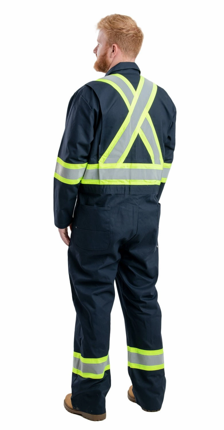 Berne Mens Navy Cotton Blend Safety Striped Unlined Coverall ExpandableSideGussets