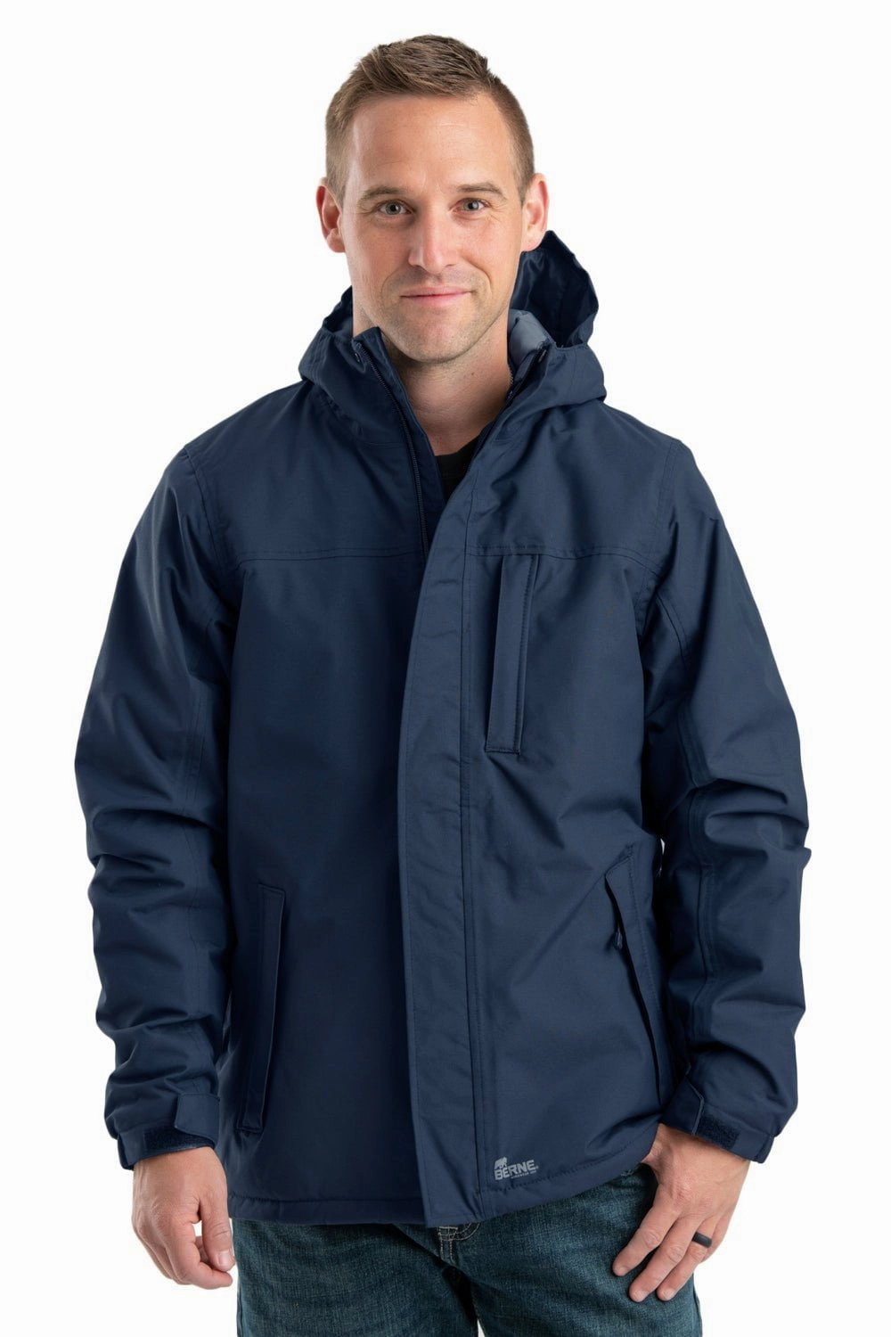 Berne Mens Navy Nylon Coastline Waterproof Insulated Storm Jacket Tear Resistant Weave Comfort Fit Cut