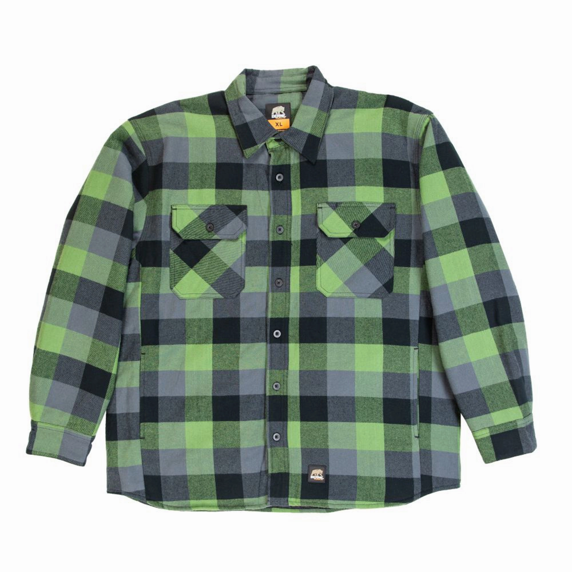 Berne Mens Plaid Green E 100% Cotton Flannel Shirt Jacket L/S Bonded Hemline Neutral Tones Look