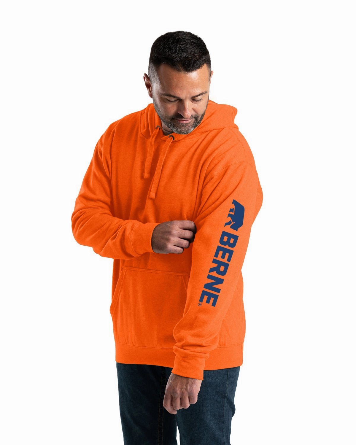 Berne Mens Signature Sleeve Pullover Orange Cotton Blend Hoodie Smooth Zipper Glides
