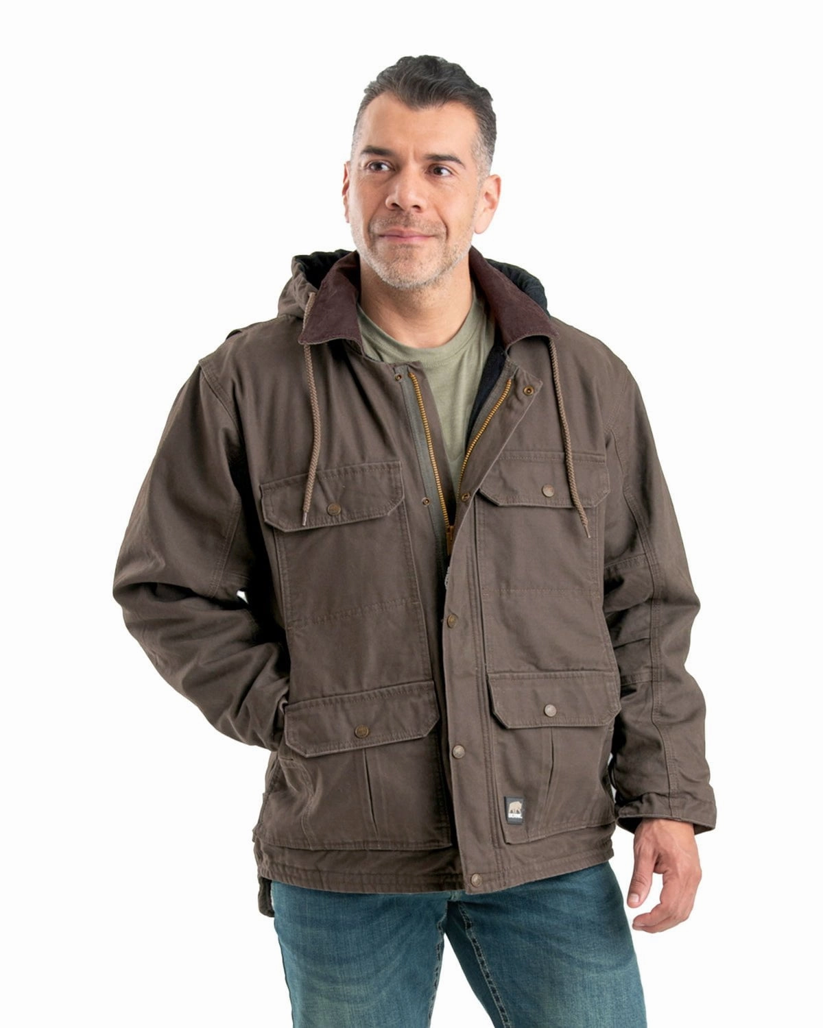 Stormproof Zipper All Day Comfort Berne Mens Washed Zip-Off Hooded Work Dark Khaki 100% Cotton Coat