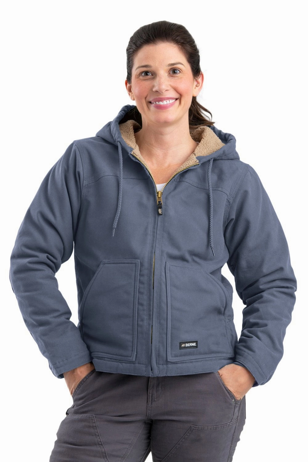 Berne Steel Blue 100% Cotton Womens Softstone Hooded Coat Sherpa Low Profile Fastening