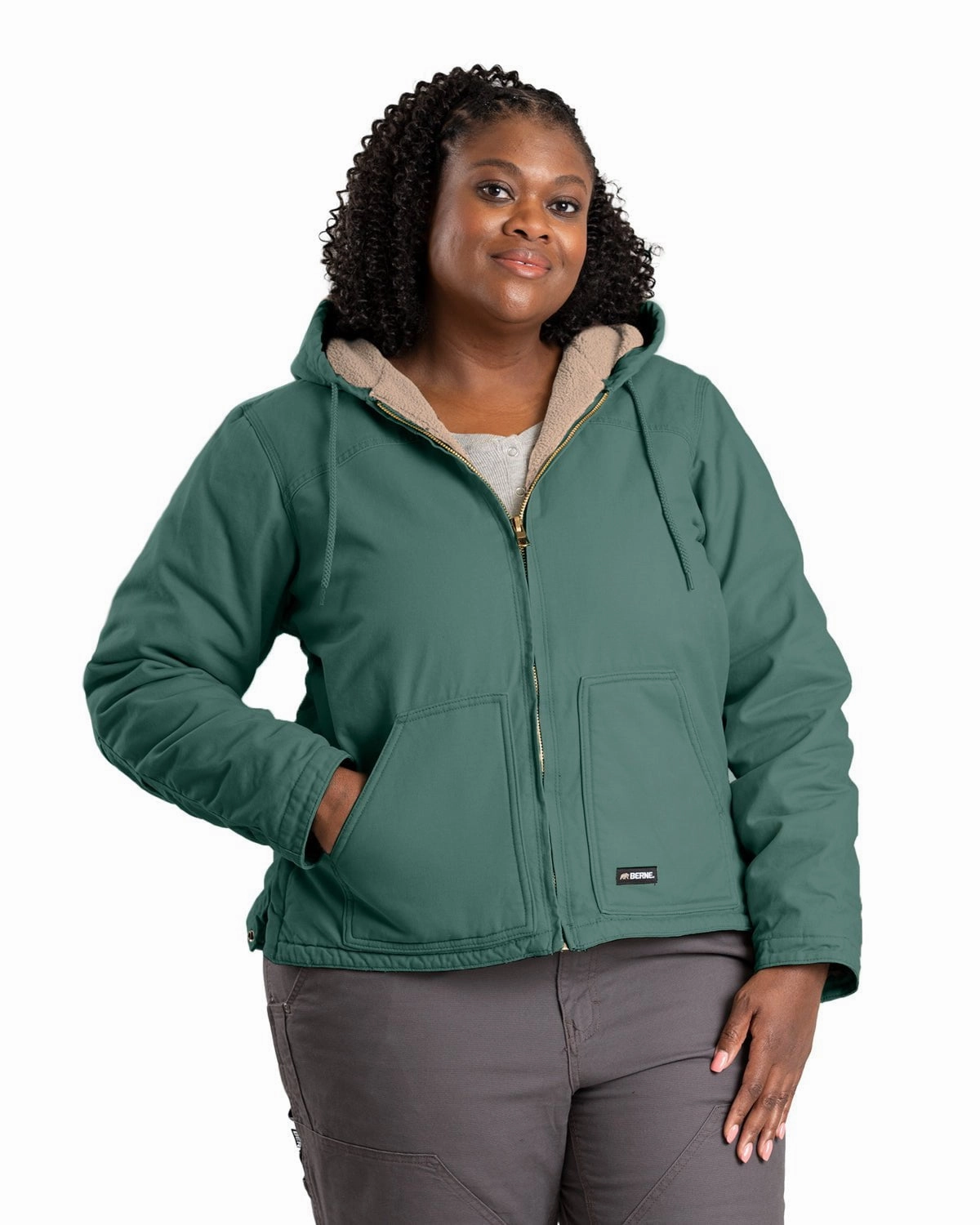 Berne Womens Sherpa-Lined Softstone Duck Eucalyptus 100% Cotton Hoodie Bonded Edge Finish