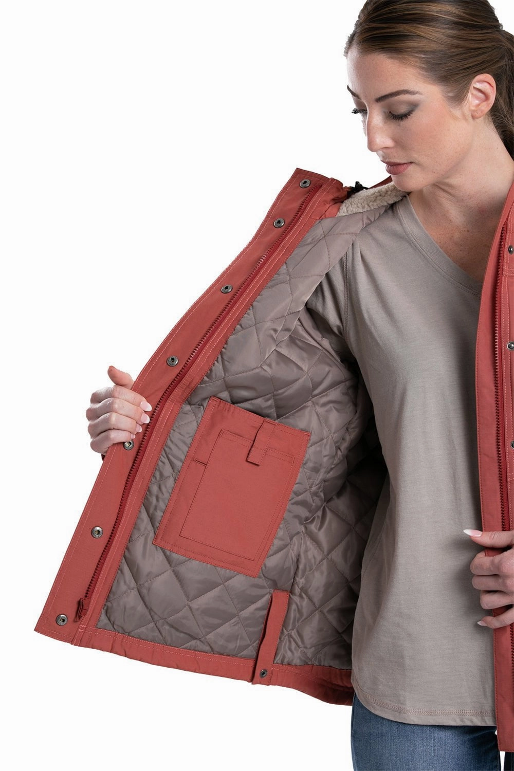 Berne Womens Softstone Micro-Duck Hooded Marsala Cotton Blend Coat Functional Fit Cold Climate