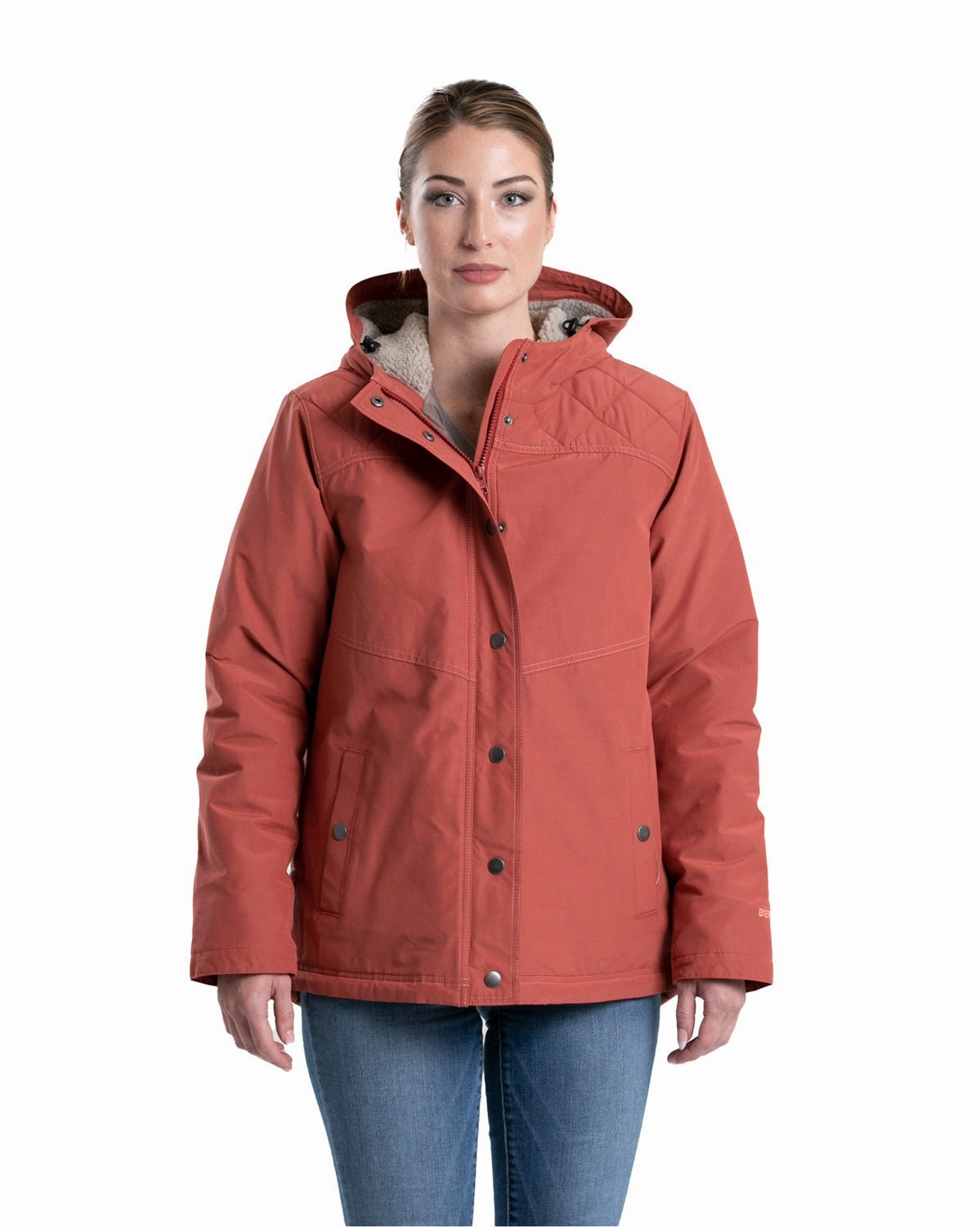 Elasticated Waistband Waterproof Design Berne Womens Softstone Micro-Duck Hooded Marsala Cotton Blend Coat