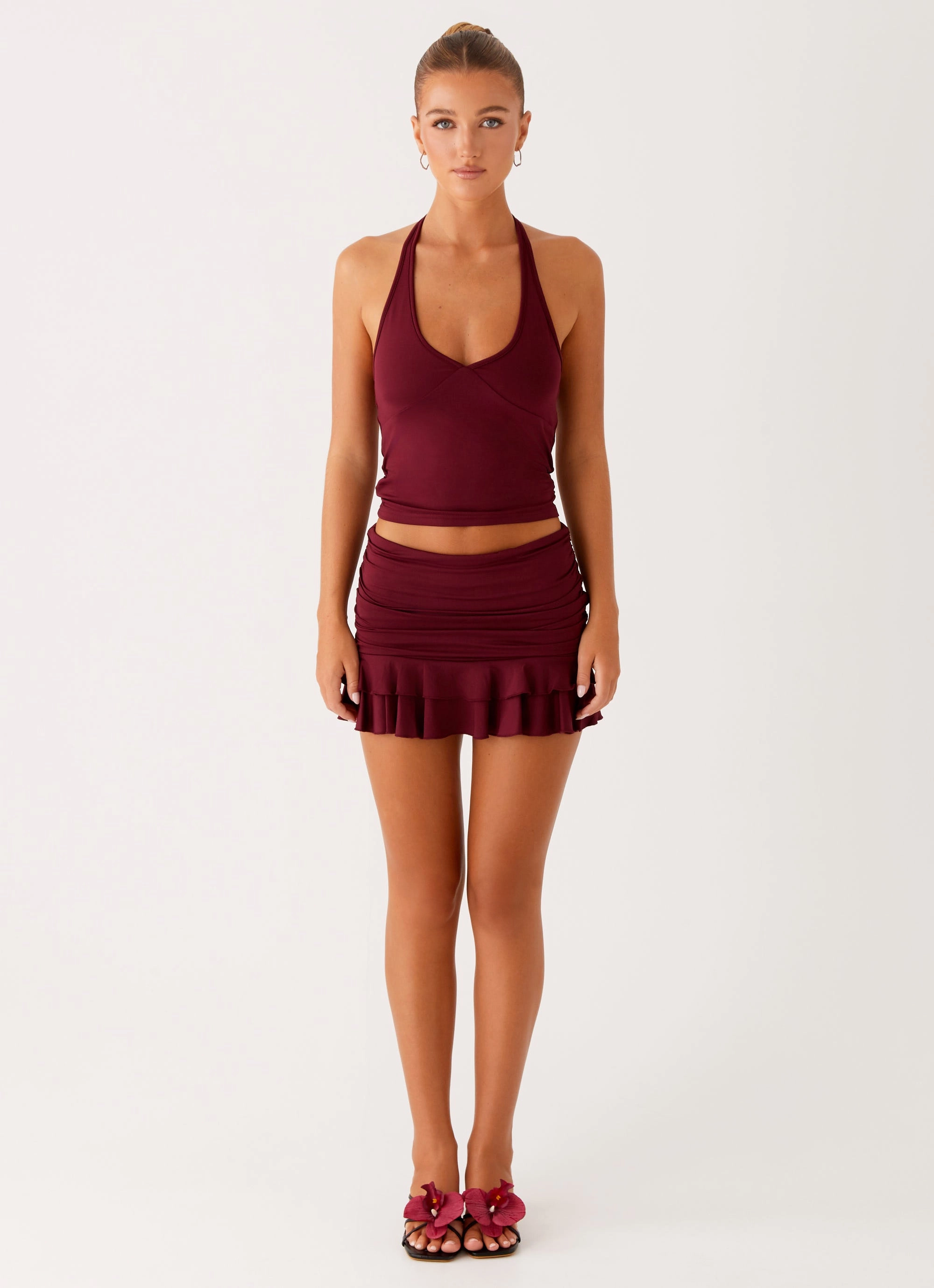 Bernie Halter Top - Raspberry Wine Temperature Regulating Fabric Elasticated Trim