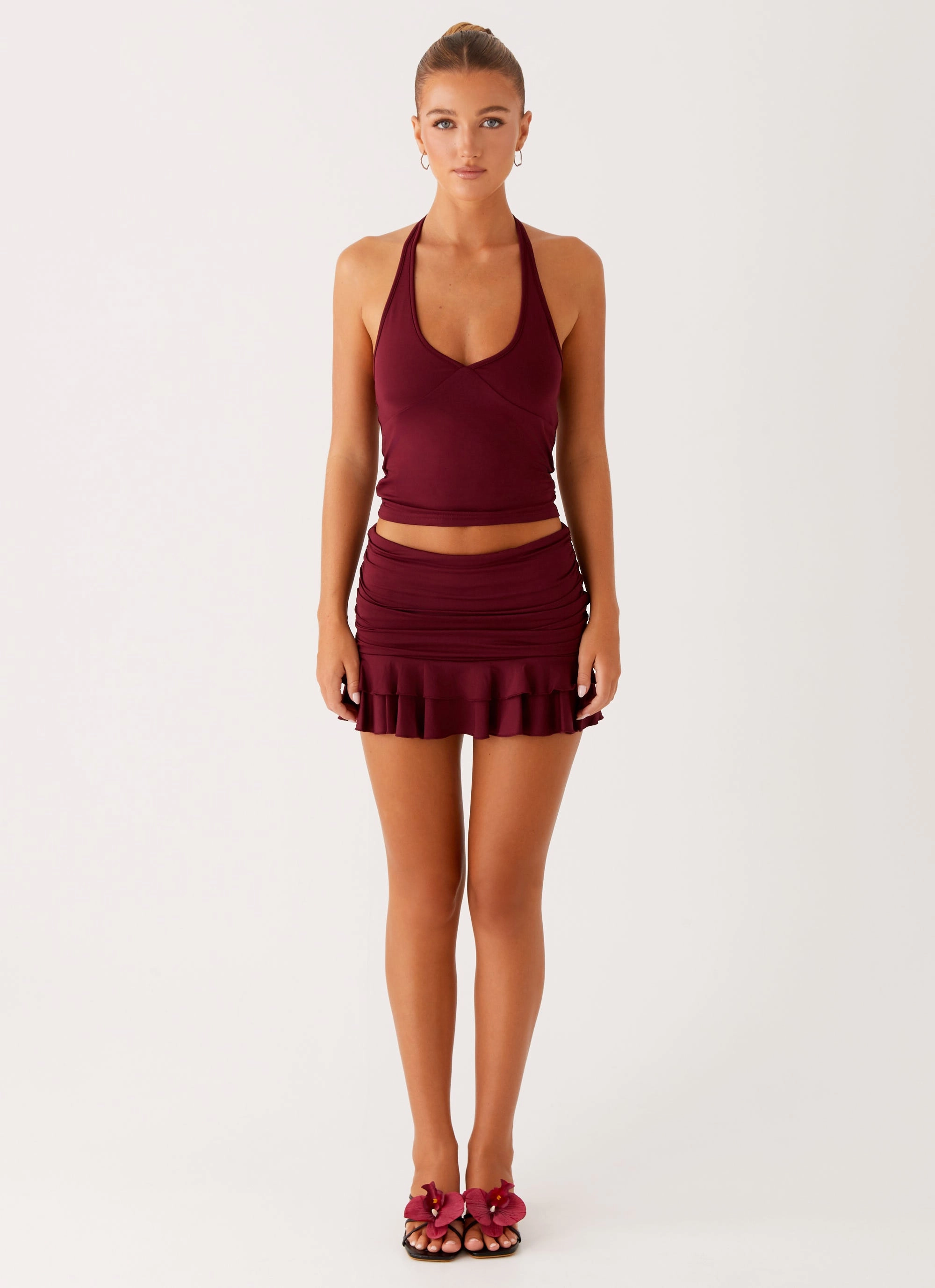 Bernie Halter Top - Raspberry Wine MultiPanel Design Bonded Hemline