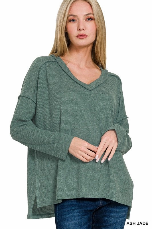 Bettie Brushed Ribbed Hacci Drop Shoulder V-neck Sweater S-XL Comfy Cardigan Rolled Hem Detailing