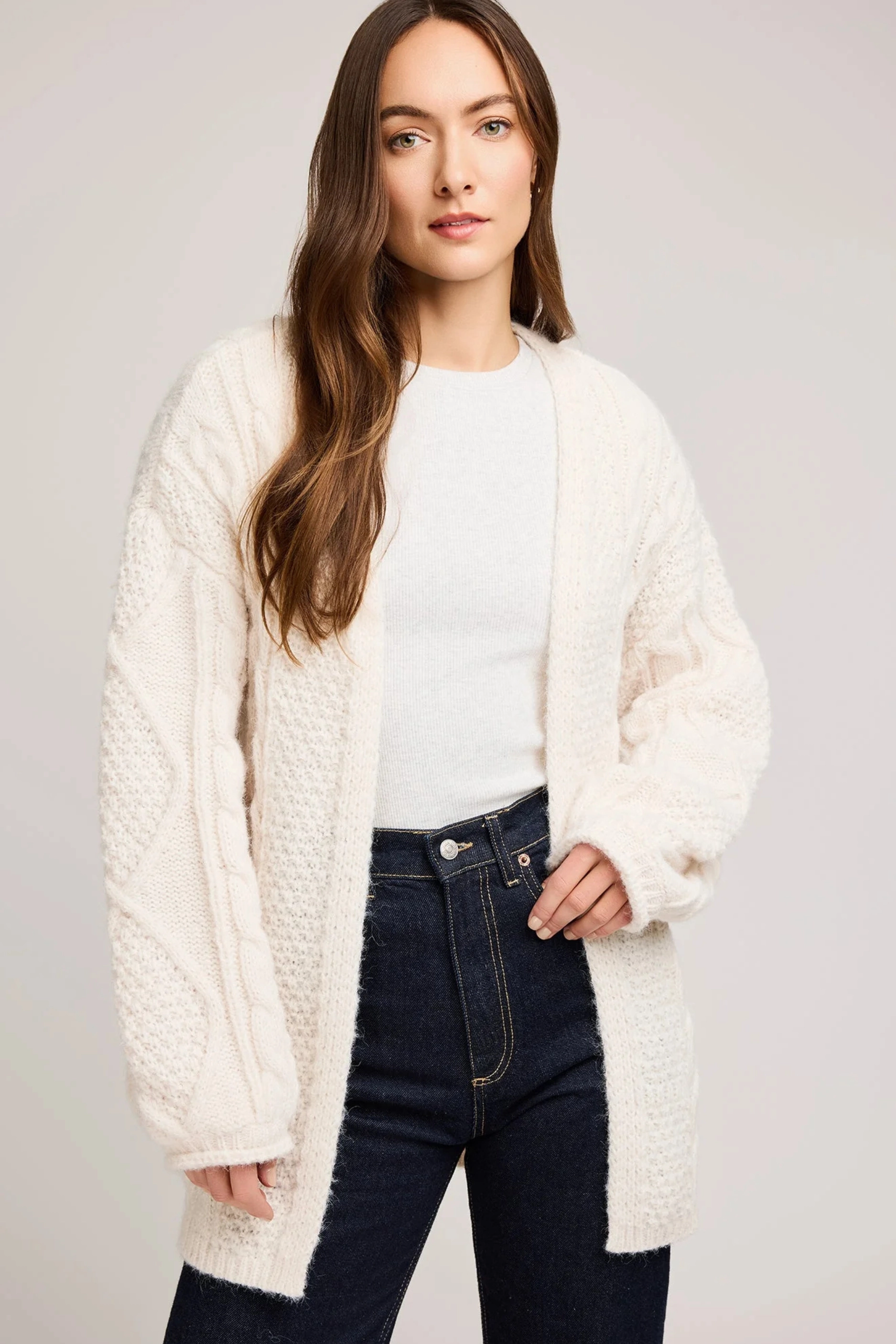 Ribbed Hem Detailing Classic Crew Neck Betty Cardigan - Cream