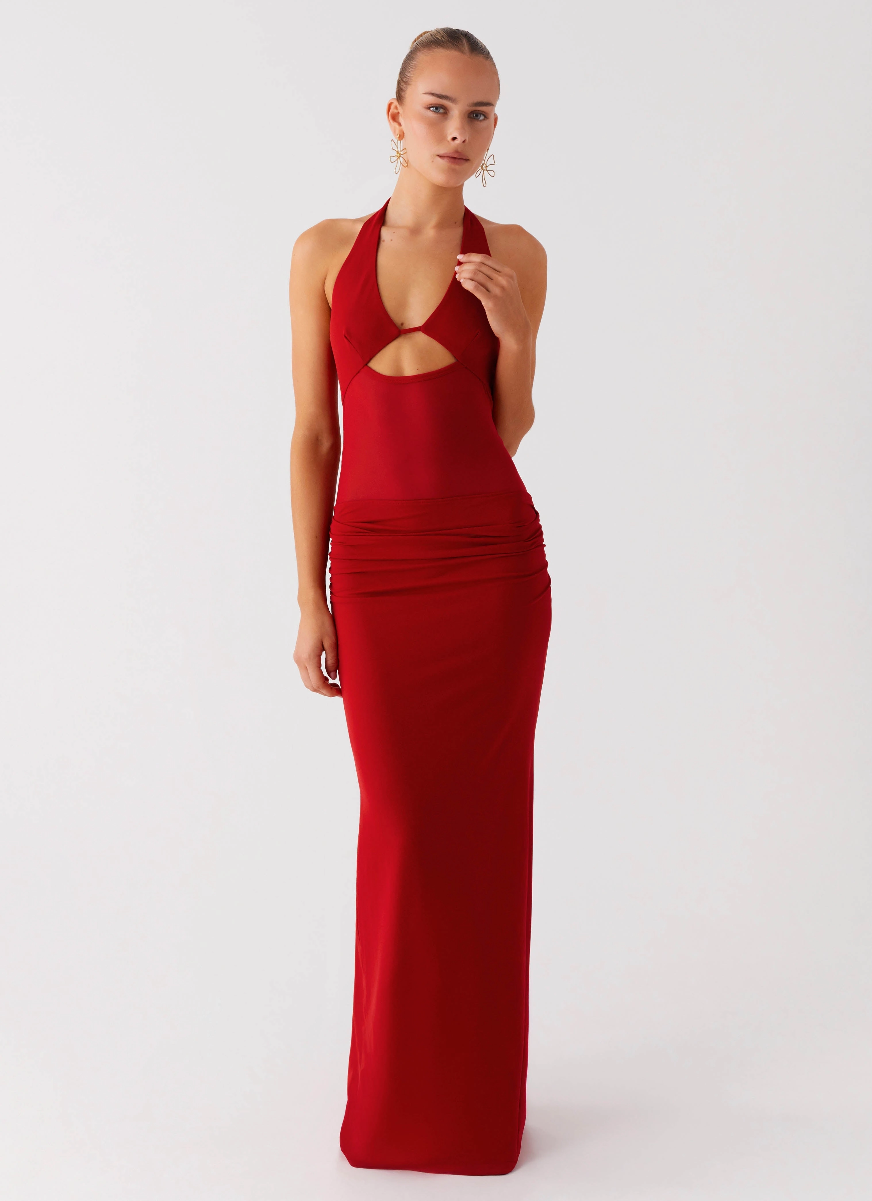 Textured Layers Billen Halter Maxi Dress - Red