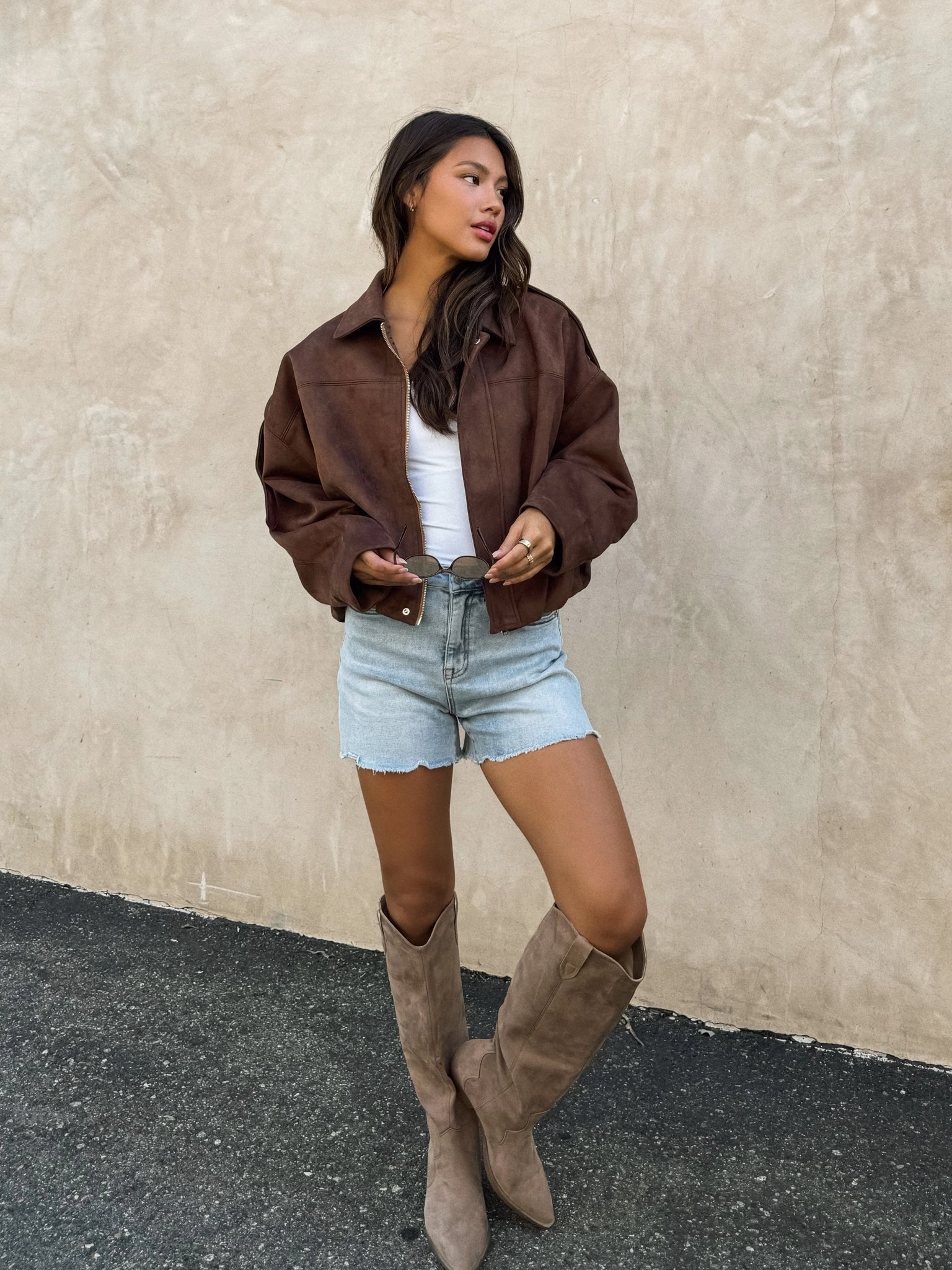 Billie Vegan Suede Jacket in Brown AdjustableHem