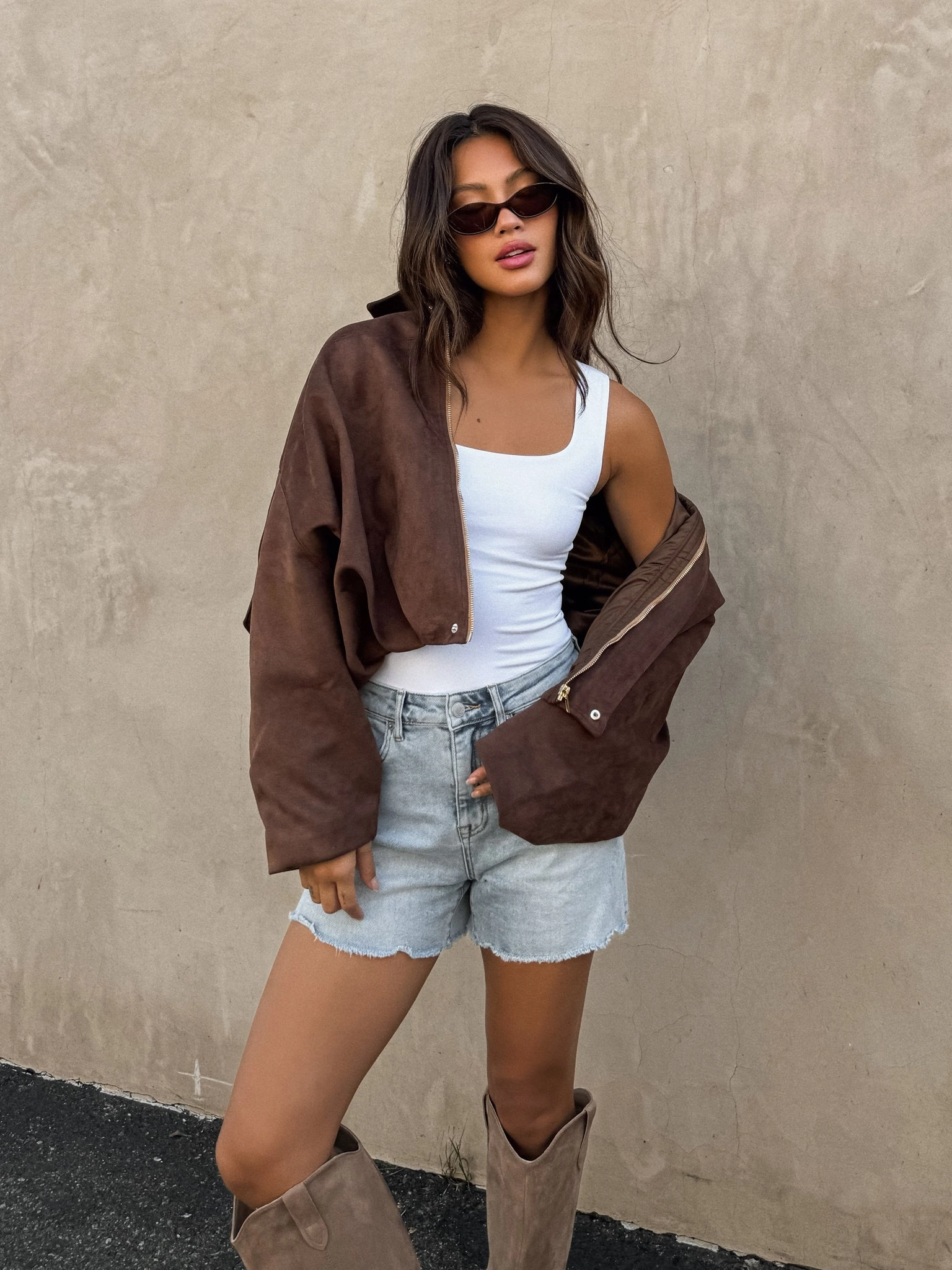 Compact Fit Look Billie Vegan Suede Jacket in Brown