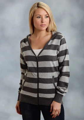 Ouray Womens Grey 100% Cotton USA Stripe Hoodie Trendy Layers Cozy And Stylish