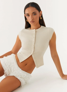 AntiPilling Technology Blair Cap Sleeve Buttoned Top - Oatmeal