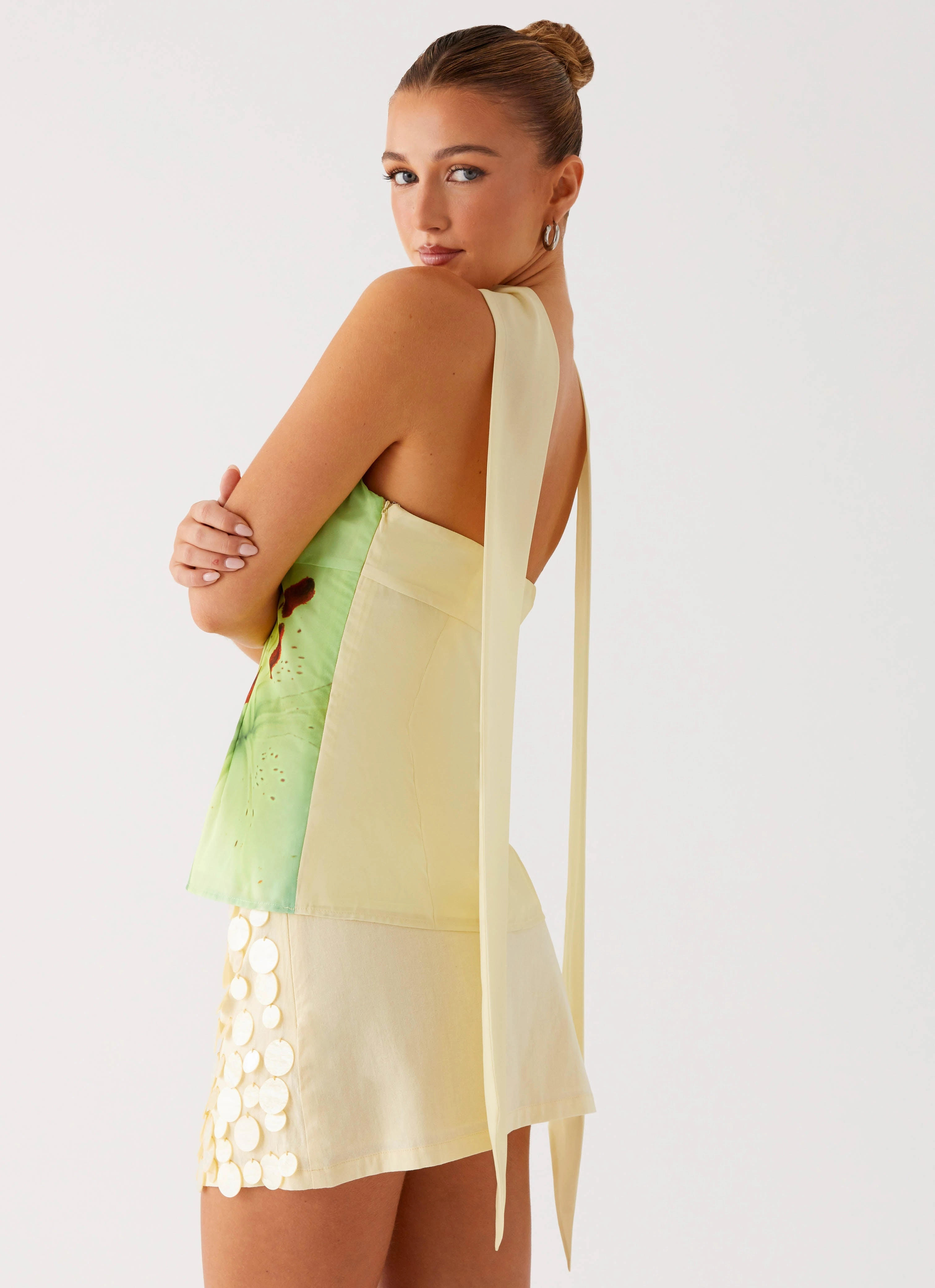 Self Fabric Tie Blaise Scarf Top - Yellow Floral