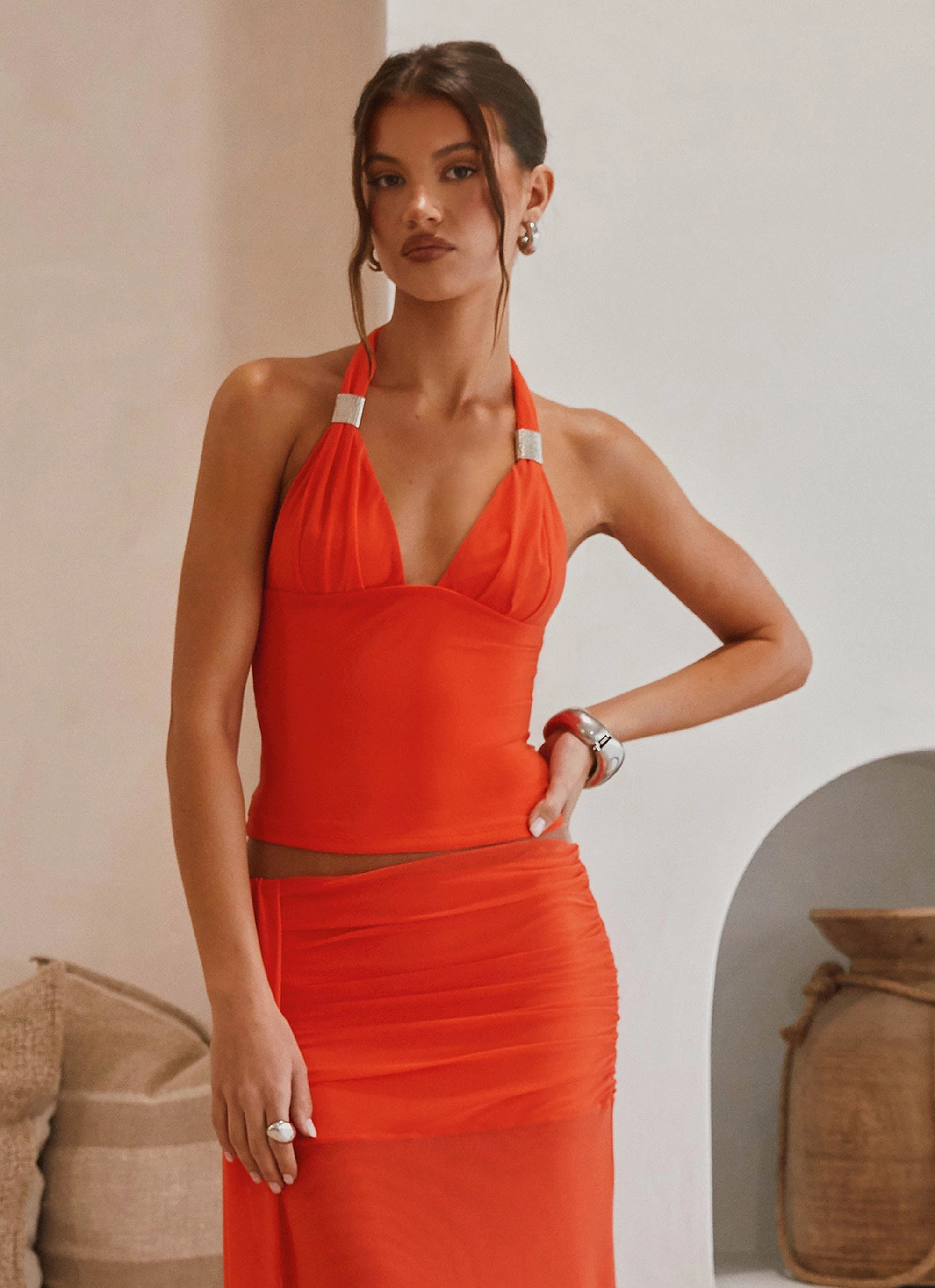 Seamless Design Cozy Sweatshirt Blaze Halter Top - Fire Red