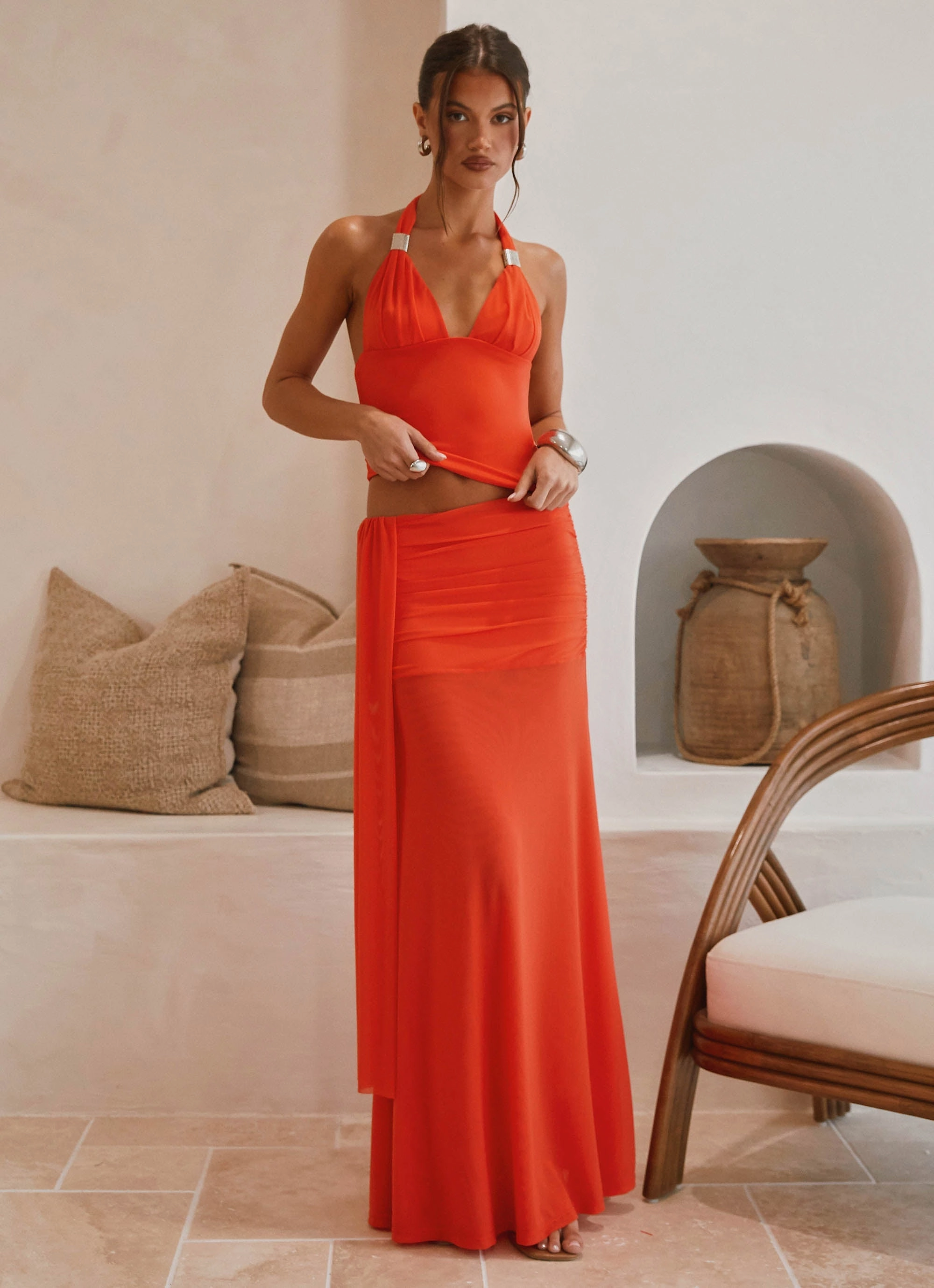 Blaze Halter Top - Fire Red Classic Crew Neck Hypoallergenic Textile