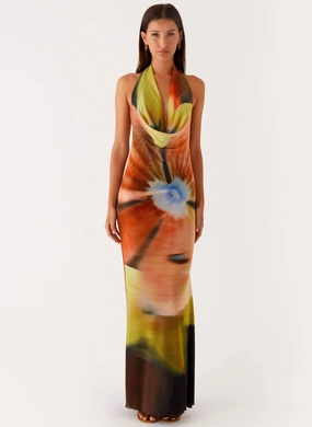 Raellia Maxi Dress - Moody Floral Tailored Fit Gloss Finish