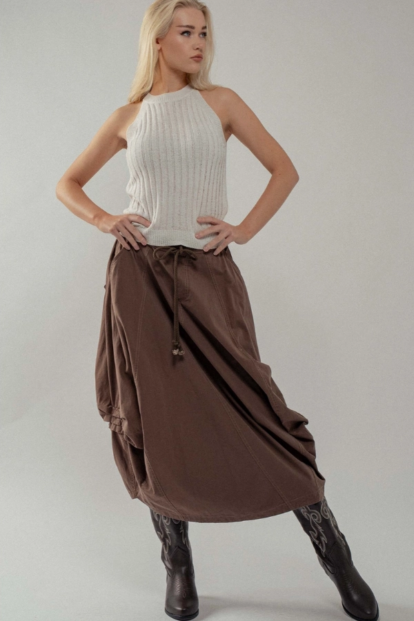 Mesh Lined Compact Packability Boho Barrel Maxi Skirt - Brown