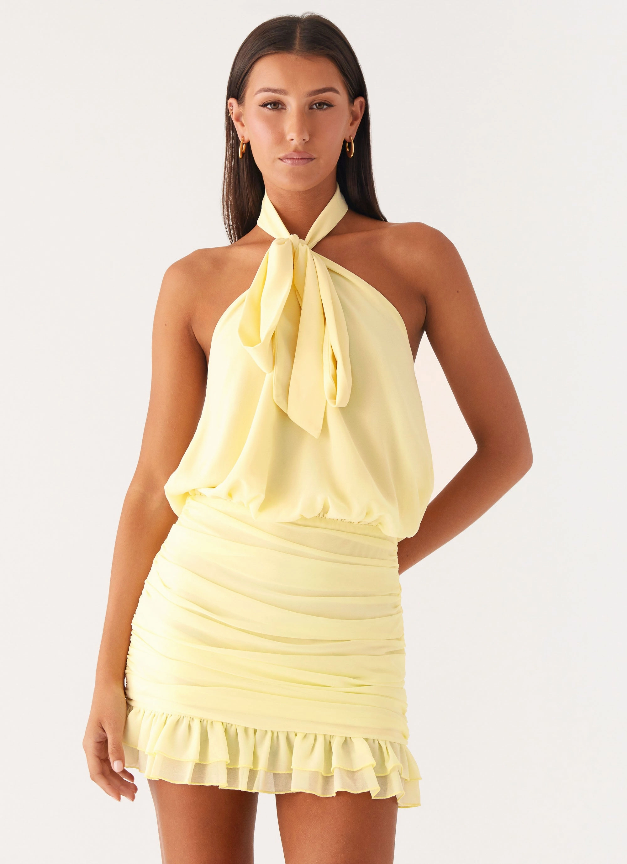 Saebi Tie Neck Mini Dress - Lemon Built-In-Slip