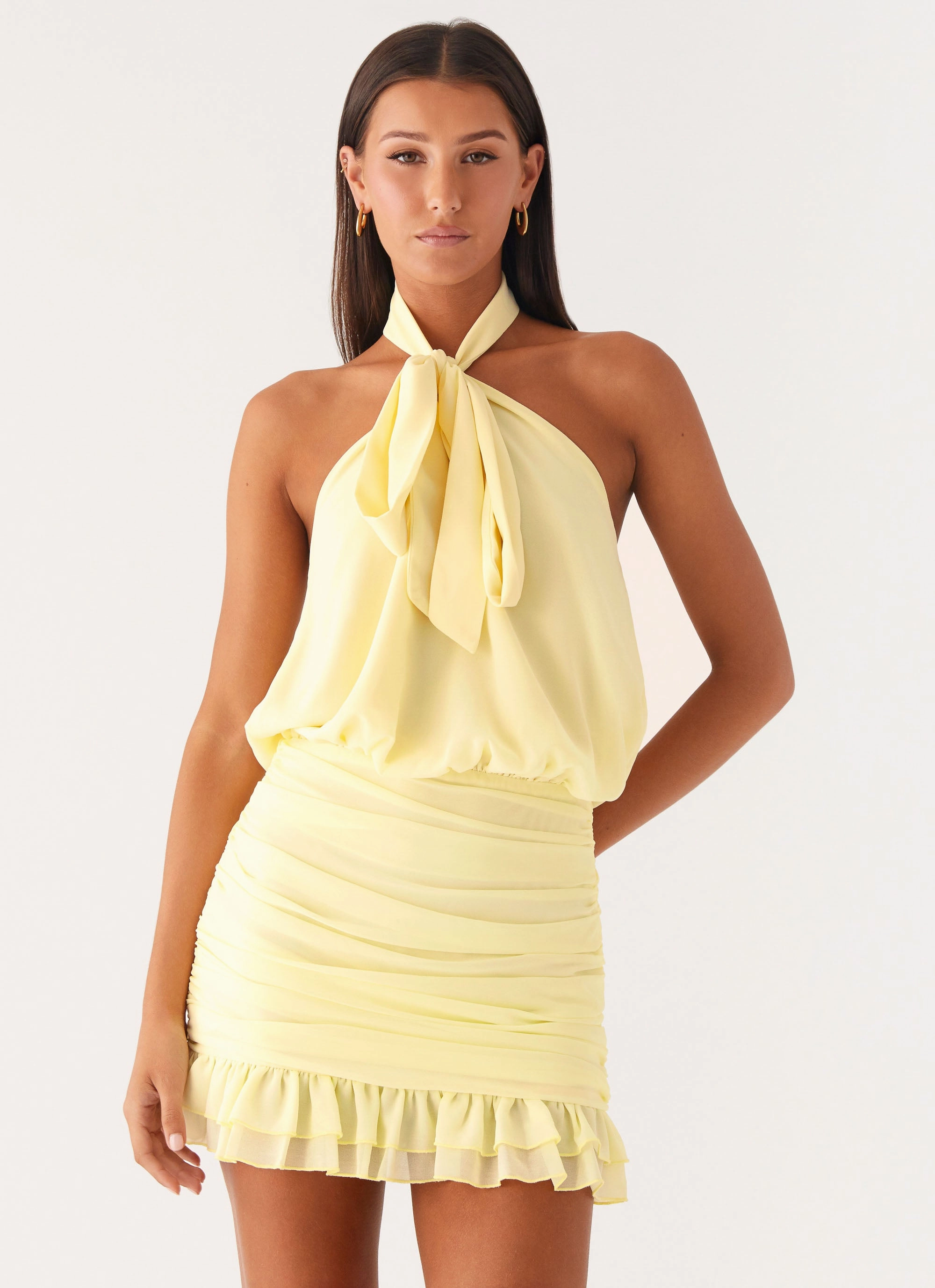 Light Bow Refined Form Saebi Tie Neck Mini Dress - Lemon