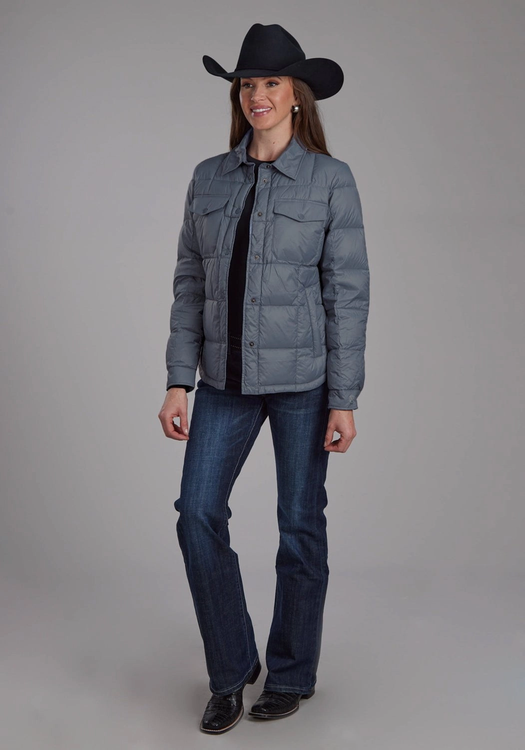 Roper Womens Down Filled Shirt Silver Blue 100% Nylon Softshell Jacket Everyday Urban Style Shock Absorbent Padding