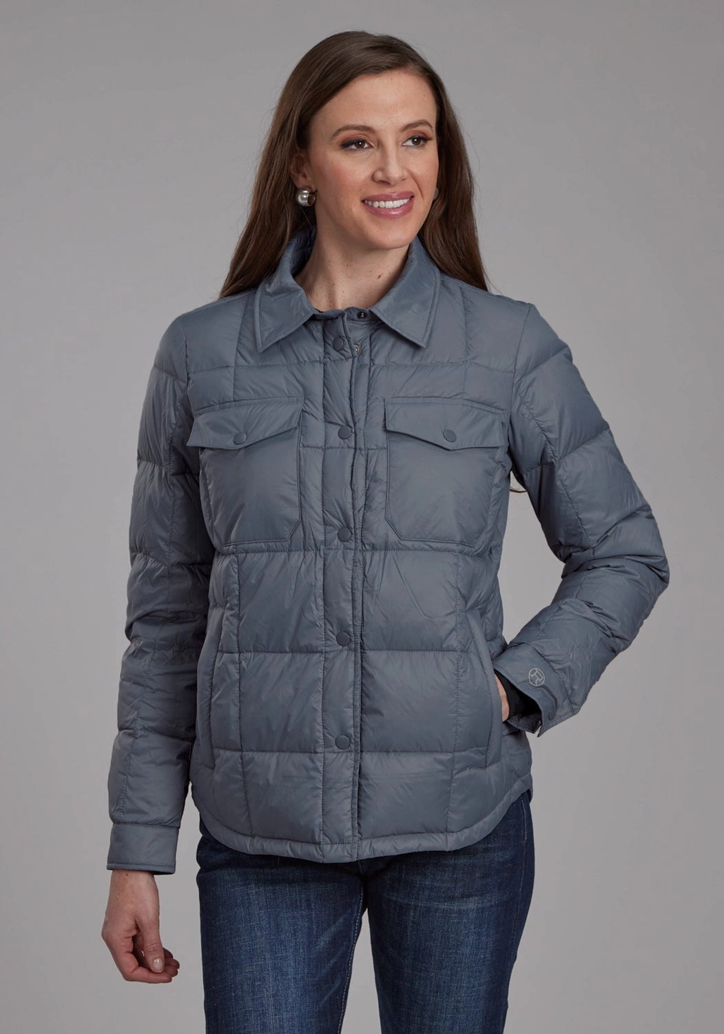 Roper Womens Down Filled Shirt Silver Blue 100% Nylon Softshell Jacket Non Restrictive Fit Crisp Layer