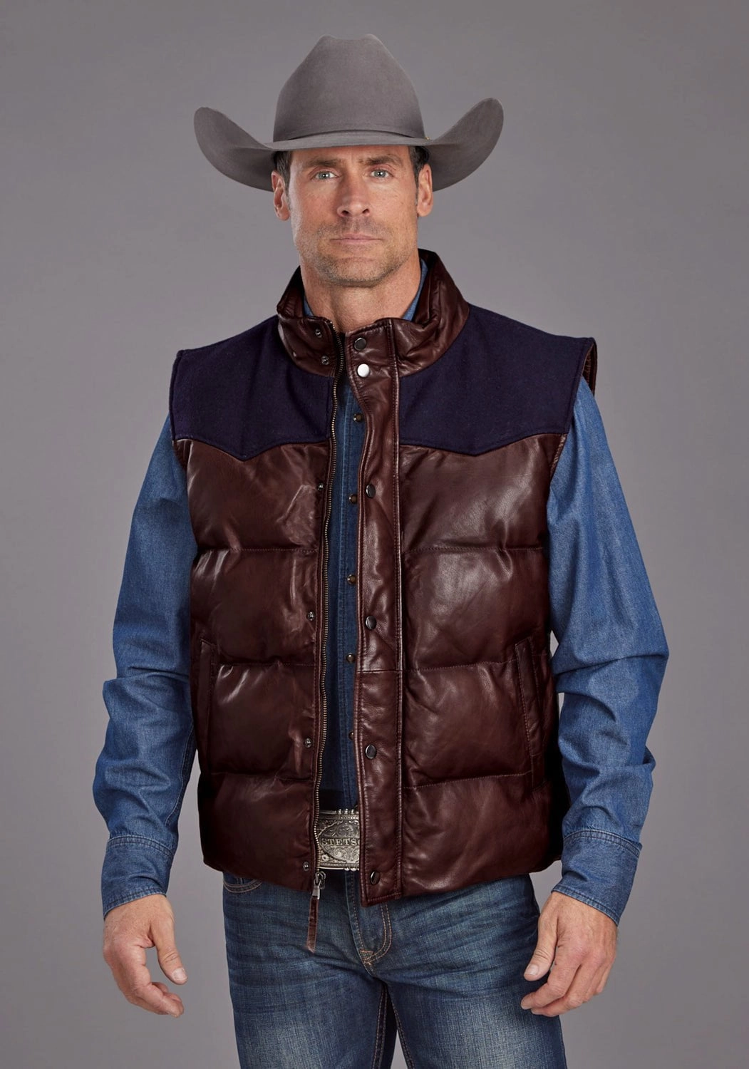 City Style NoiseReduciting Fabric Stetson Mens Smooth Puffer Brown Leather Leather Vest