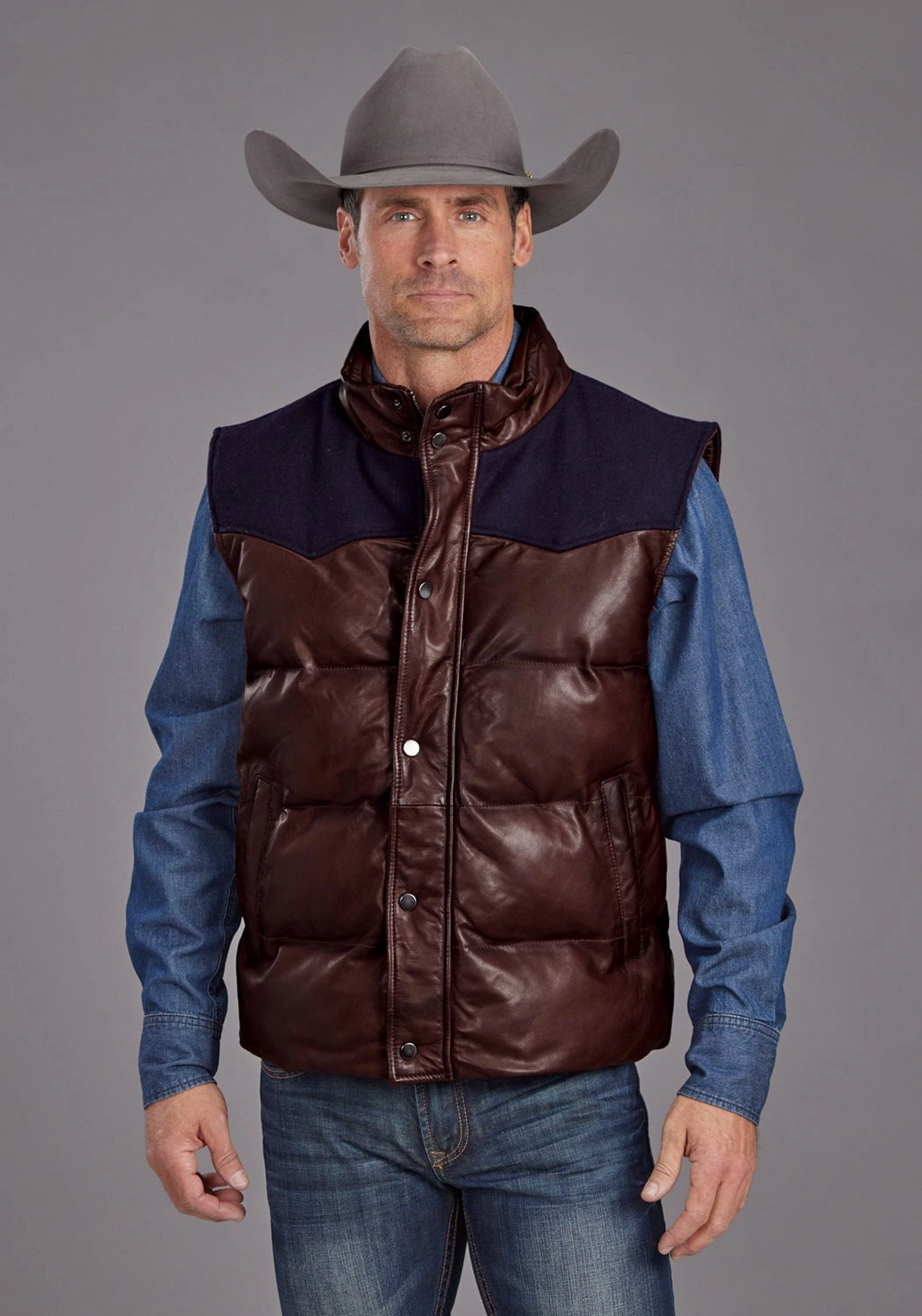 Versatile Layering Stetson Mens Smooth Puffer Brown Leather Leather Vest
