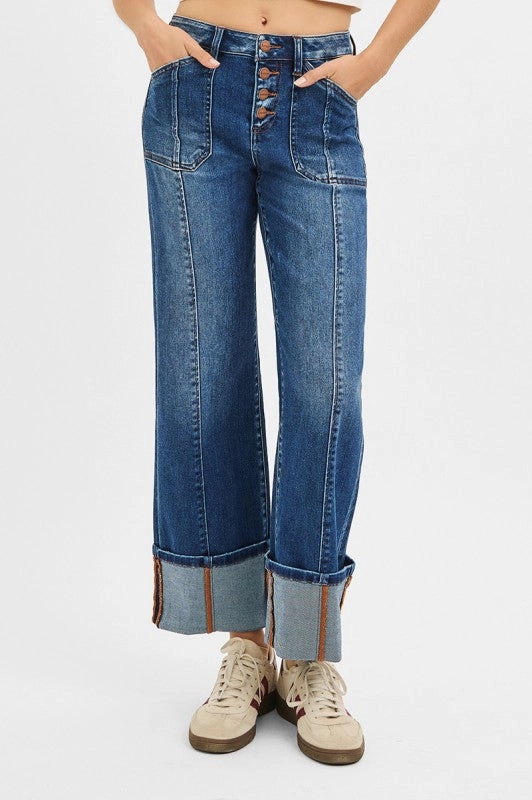 Winnie High Rise Crop Wide Straight Cuffed Jeans Minimalist Collar
