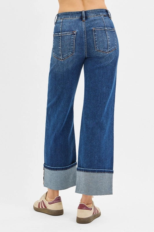 Winnie High Rise Crop Wide Straight Cuffed Jeans ElasticEdgeBinding
