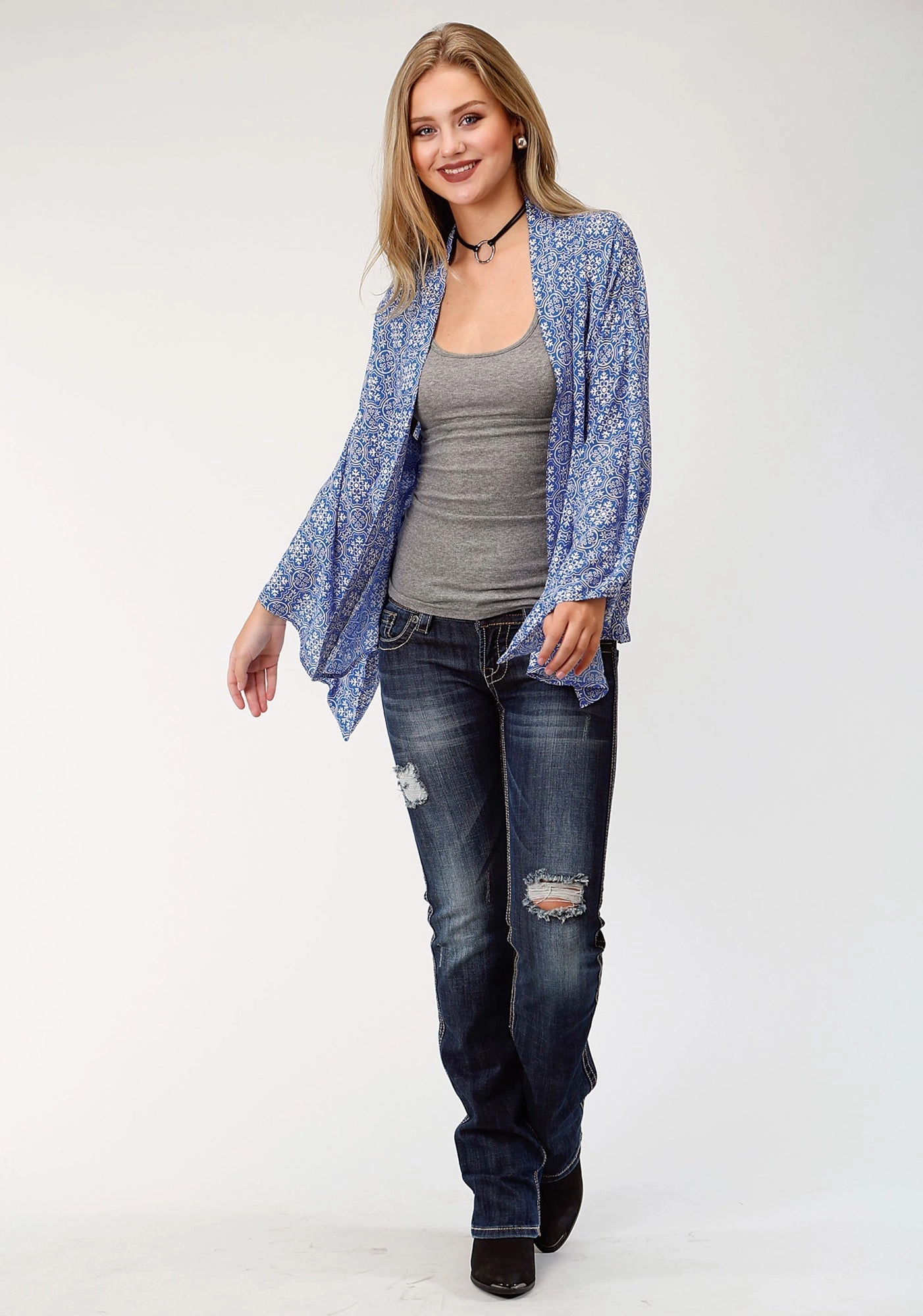 Roper Womens Blue Rayon/Nylon Tile Print Cardigan Soft Fabric Look