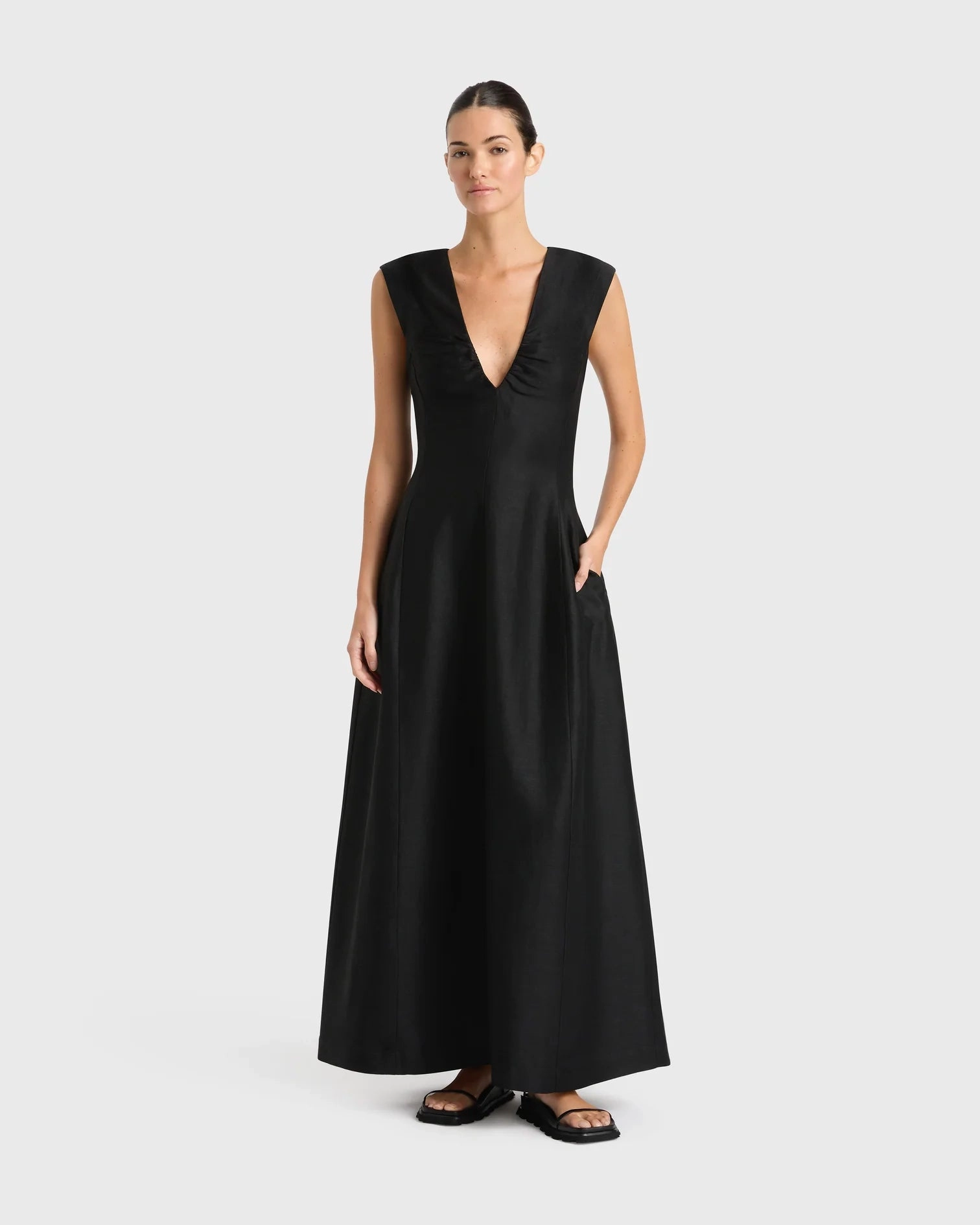 Bormio V Neck Midi Dress in Black Comfortable Design