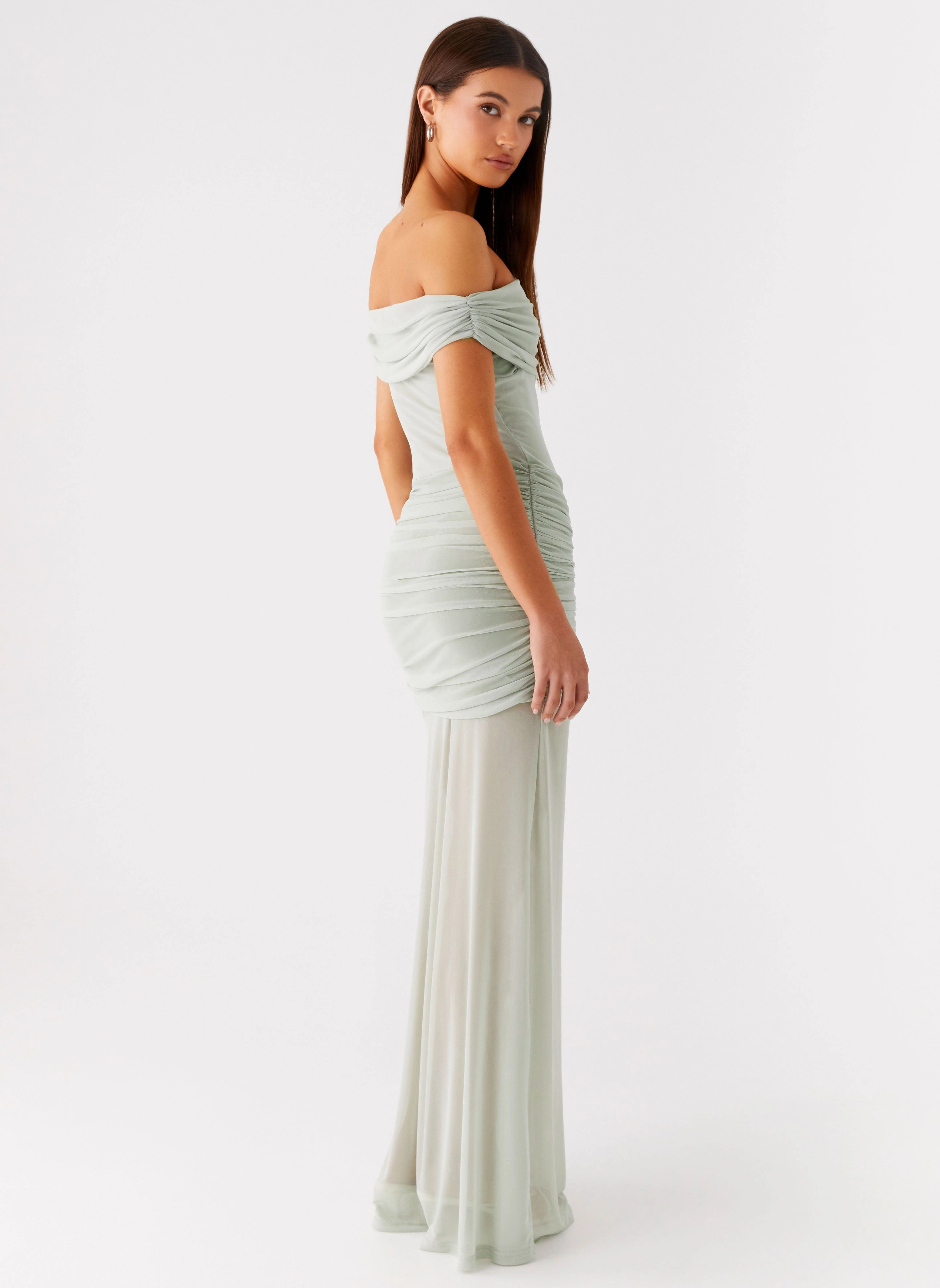Contrast-Piping Eyllin Off Shoulder Maxi Dress - Sage