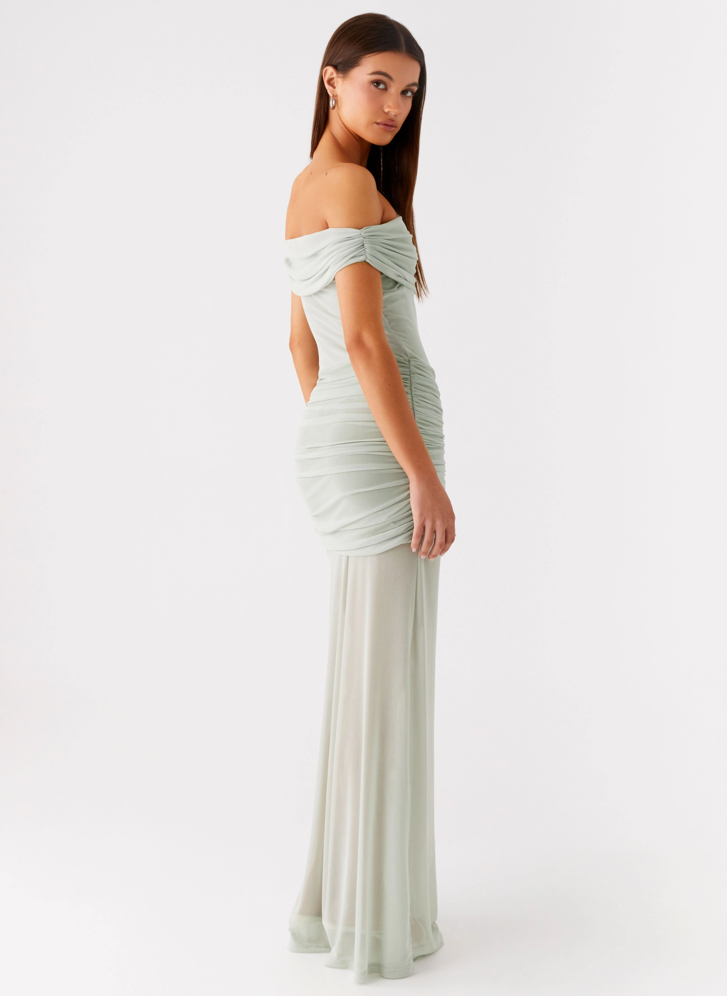 Eyllin Off Shoulder Maxi Dress - Sage Rhinestone-Detail Street Casual