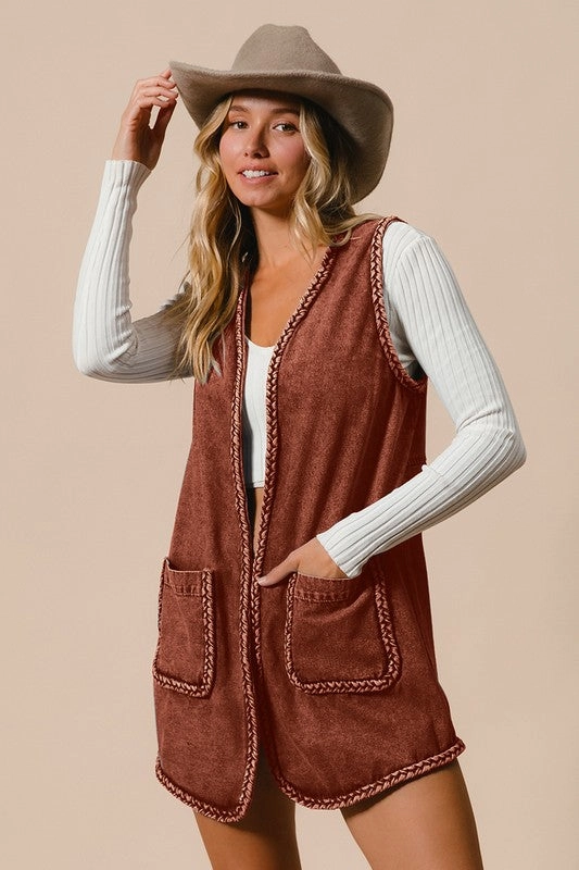 BRANDY BRAIDED EDGE WASHED LONG OPEN VEST S-XL Workday Ready OdorControlTreatment